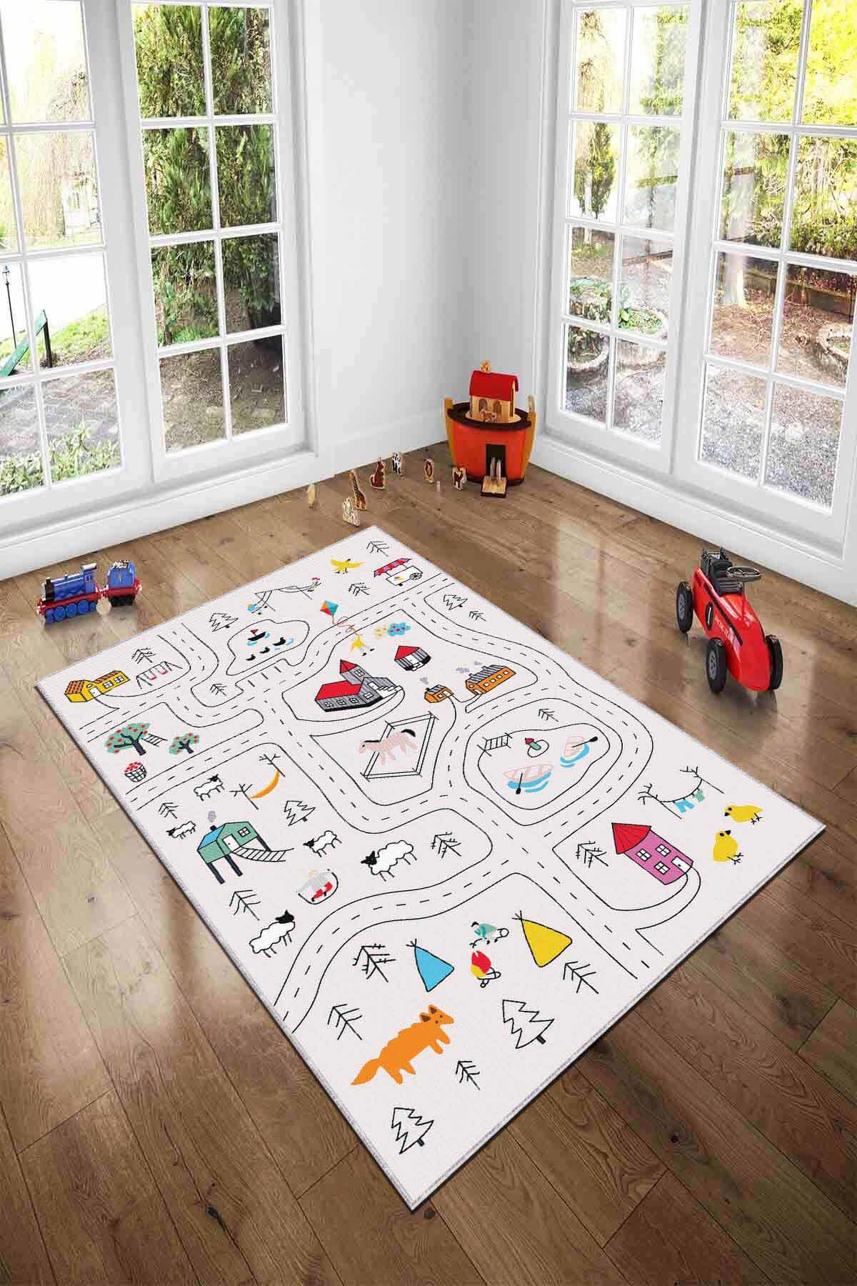 Viva Home AR239 Çok Renkli 7 mm Mikropolyester Leke Tutmaz Yıkanabilir Orta Kaymaz Dot Taban Dikdörtgen Makine Dokuma Çocuk Odası Halısı 150x150 cm