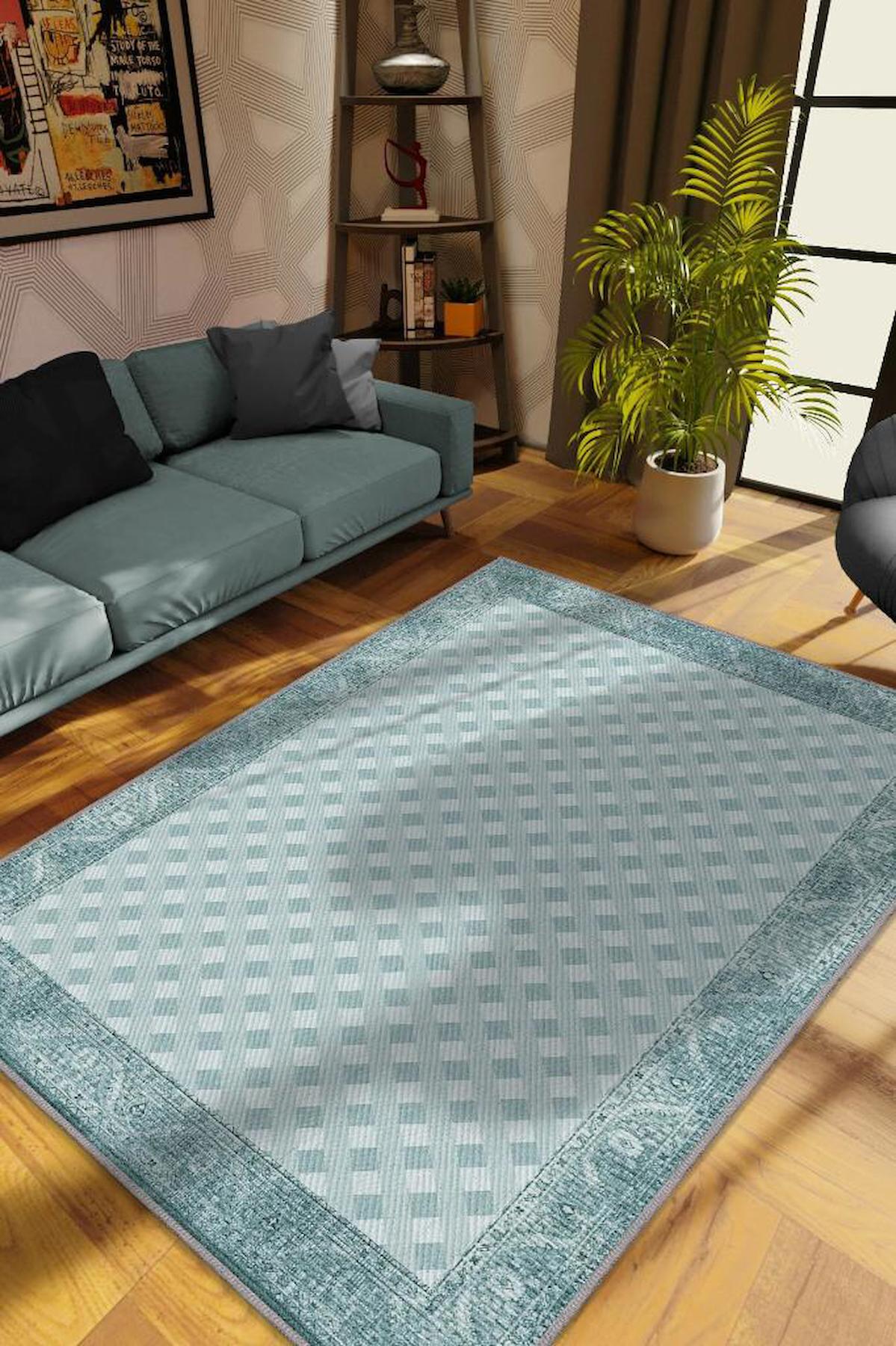 Homshtag Mavi 4 mm Pamuk Antistatik Yıkanabilir İnce Kaymaz Dikdörtgen Makine Dokuma Salon Halısı 100x300 cm