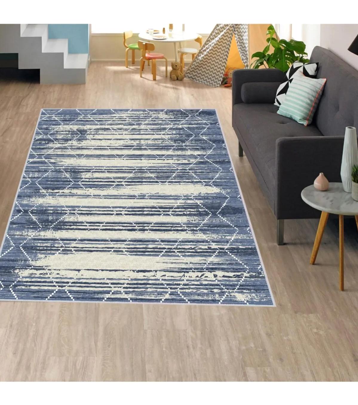 Rovigo Home RVG1619 Beyaz-Mavi 8 mm Polyester Antibakteriyel-Leke Tutmaz-Toz Tutmaz Yıkanabilir İnce Kaymaz Dot Taban Dikdörtgen Makine Dokuma Salon Halısı 140x200 cm