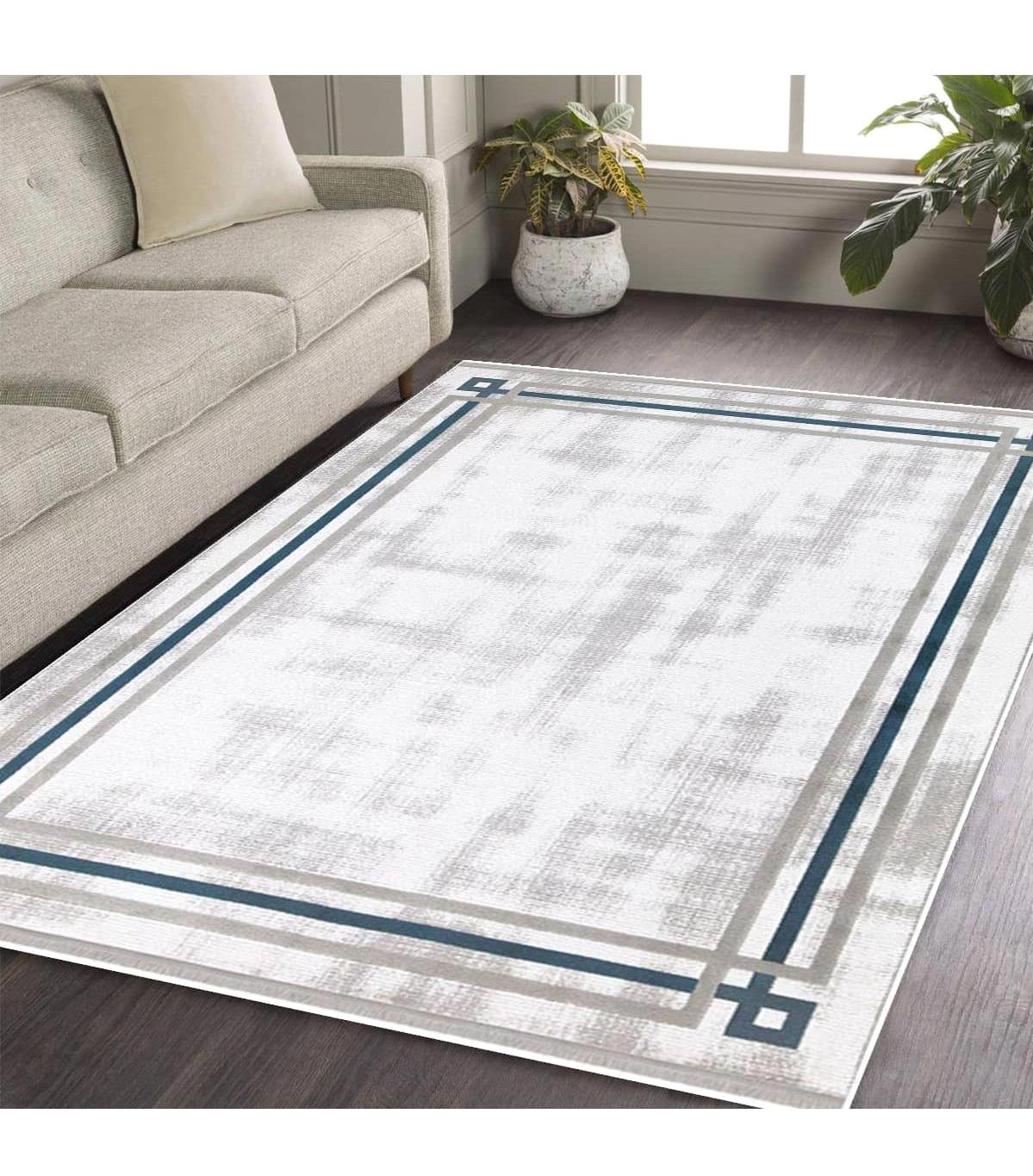 İpek Mekik Halı Gaspara Gri-Mavi 10 mm Akrilik Yıkanabilir Orta Kaymaz Pamuk Taban Dikdörtgen Makine Dokuma Antre-Çocuk Odası-Salon-Yatak Odası Halısı 100x150 cm
