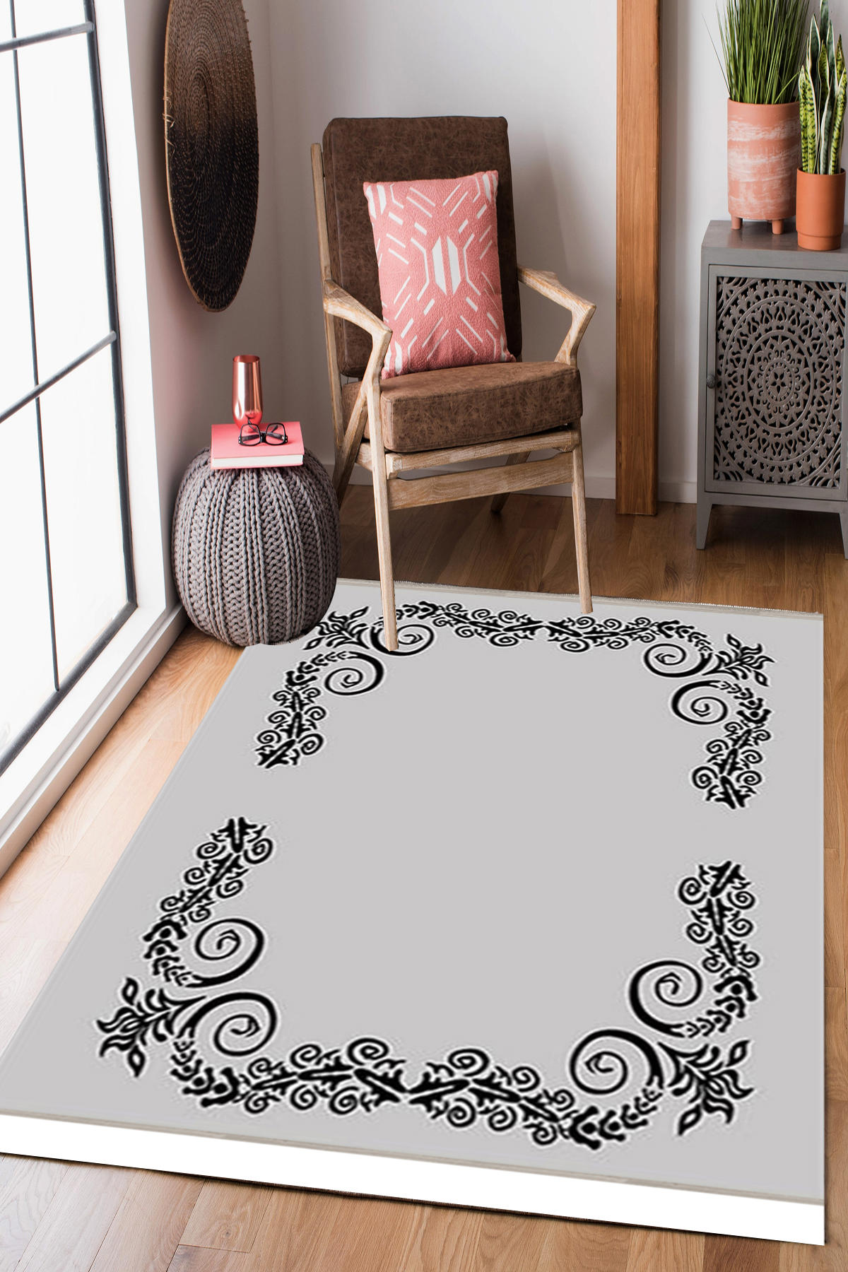 Homier Collection H-KS-3095A Krem 7 mm Pamuk Antibakteriyel Yıkanabilir Orta Kaymaz Dot Taban Dikdörtgen Makine Dokuma Salon Halısı 130x190 cm