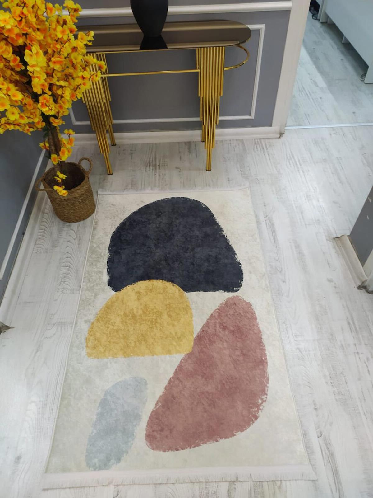 Doruklar Home Collection Krem 0.7 mm Yıkanabilir Kaymaz Taban Soyut Temalı Dikdörtgen Makine Dokuma Halı 80x300 cm