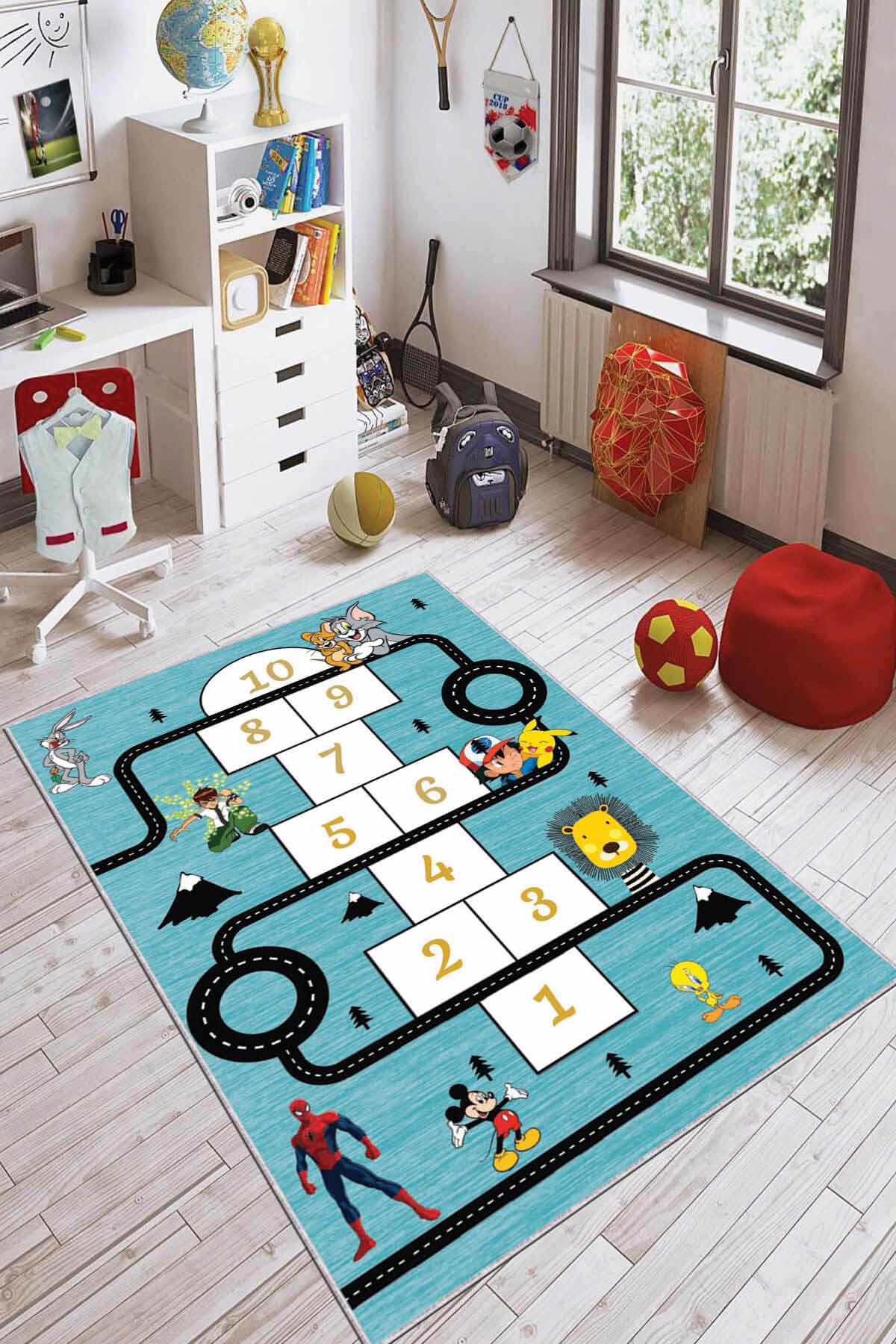 Viva Home AR156 Turkuaz 7 mm Mikropolyester Koku Yapmaz-Leke Tutmaz-Toz Tutmaz Yıkanabilir İnce Kaymaz Dot Taban Dikdörtgen Makine Dokuma Çocuk Odası Halısı 120x200 cm