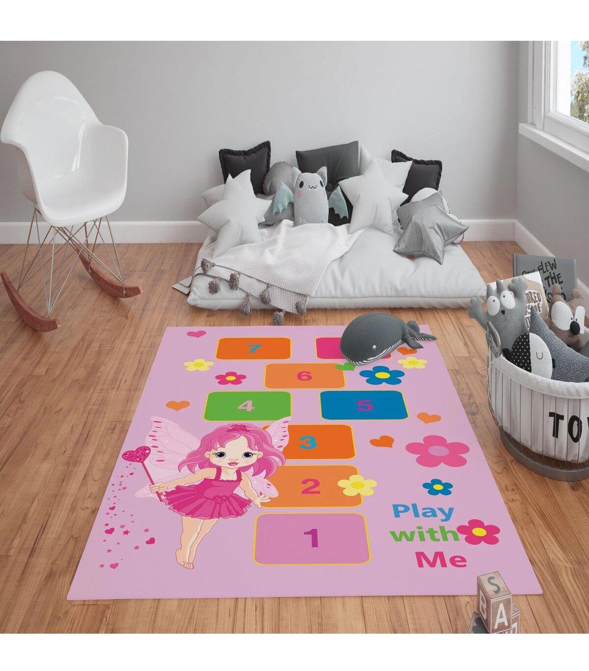 Doruklar Home Collection Pembe 0.7 mm Polyester Antibakteriyel Yıkanabilir Kalın Kaymaz Taban Dikdörtgen Makine Dokuma Çocuk Odası Halısı 180x180 cm