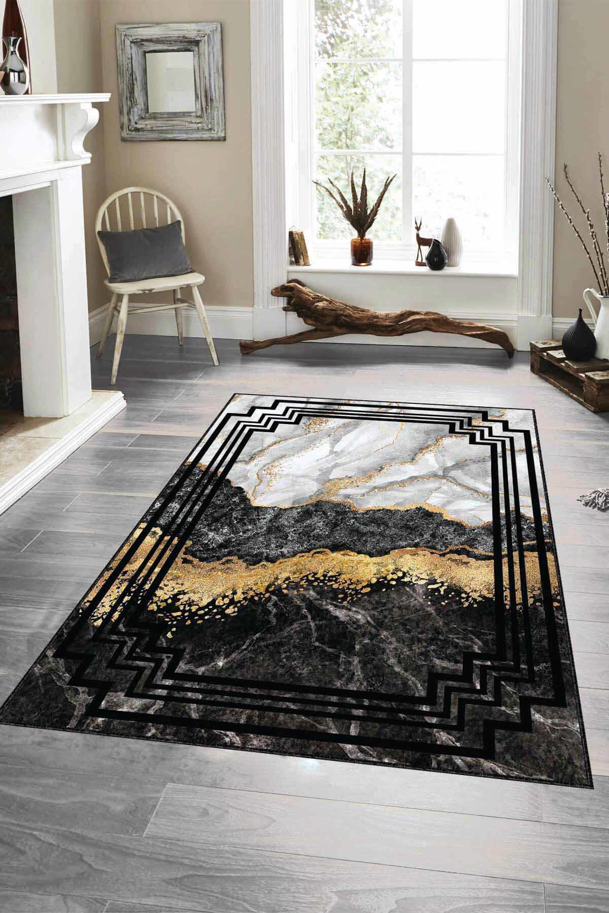 Viva Home AR107 Altın-Siyah 7 mm Mikropolyester Antibakteriyel Yıkanabilir Kalın Kaymaz Lateks Taban Dikdörtgen Makine Dokuma Salon Halısı