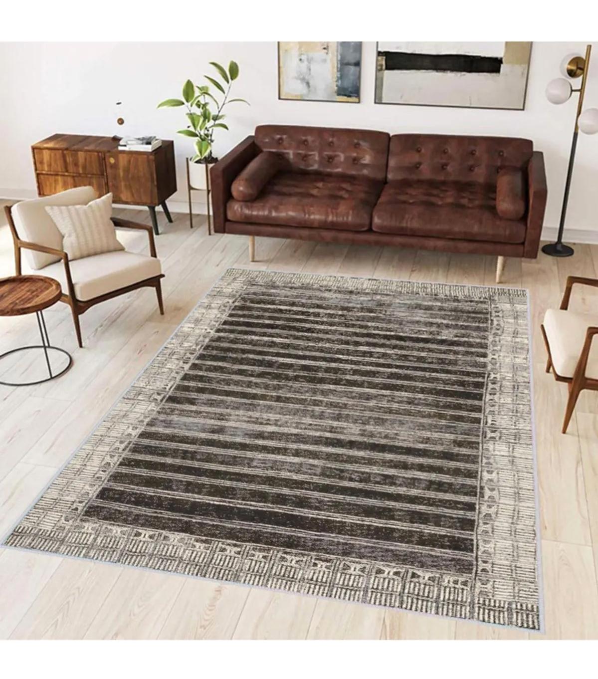 Rovigo Home RVG1692 Kahverengi 8 mm Polyester Antibakteriyel-Leke Tutmaz-Toz Tutmaz Yıkanabilir İnce Kaymaz Dot Taban Dikdörtgen Makine Dokuma Salon Halısı 80x150 cm