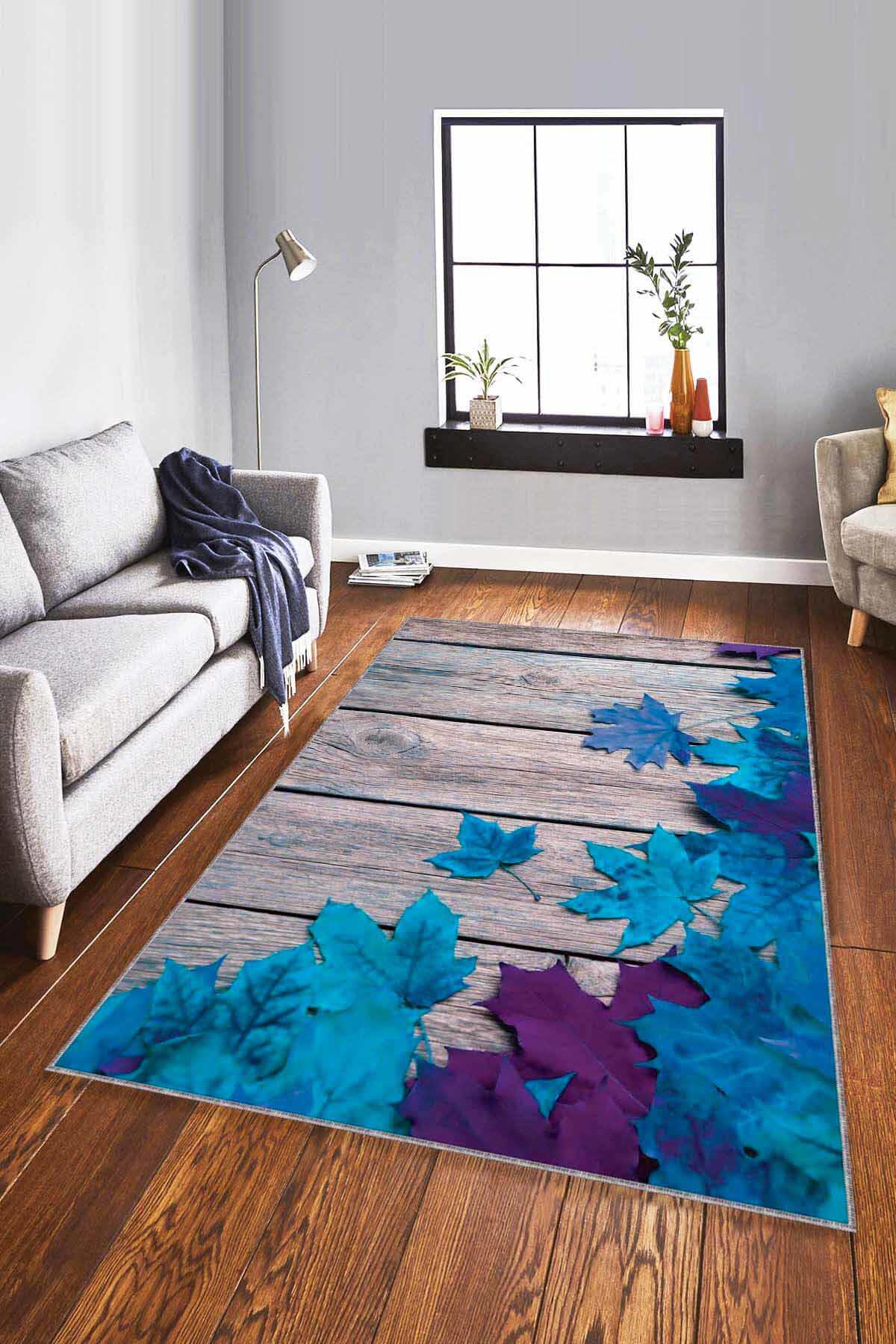 Viva Home CNR04 Mavi 7 mm Mikropolyester Antibakteriyel Yıkanabilir İnce Kaymaz Dikdörtgen Makine Dokuma Salon Halısı 120x200 cm