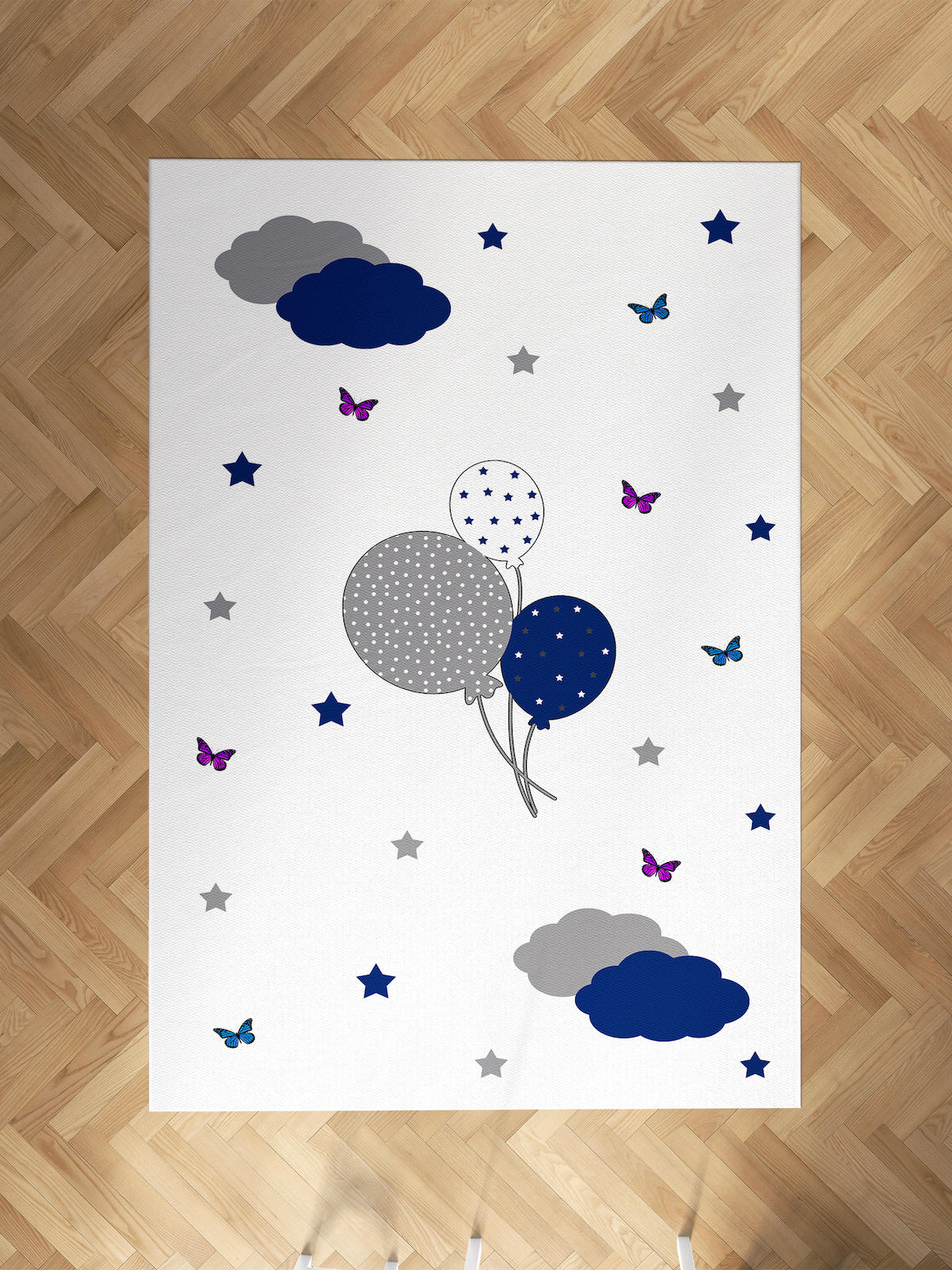 Mekta Home Balon-Kelebek Krem 10 mm Antibakteriyel Yıkanabilir İnce Kaymaz Dot Taban Dikdörtgen Makine Dokuma Çocuk Odası Halısı 100x500 cm