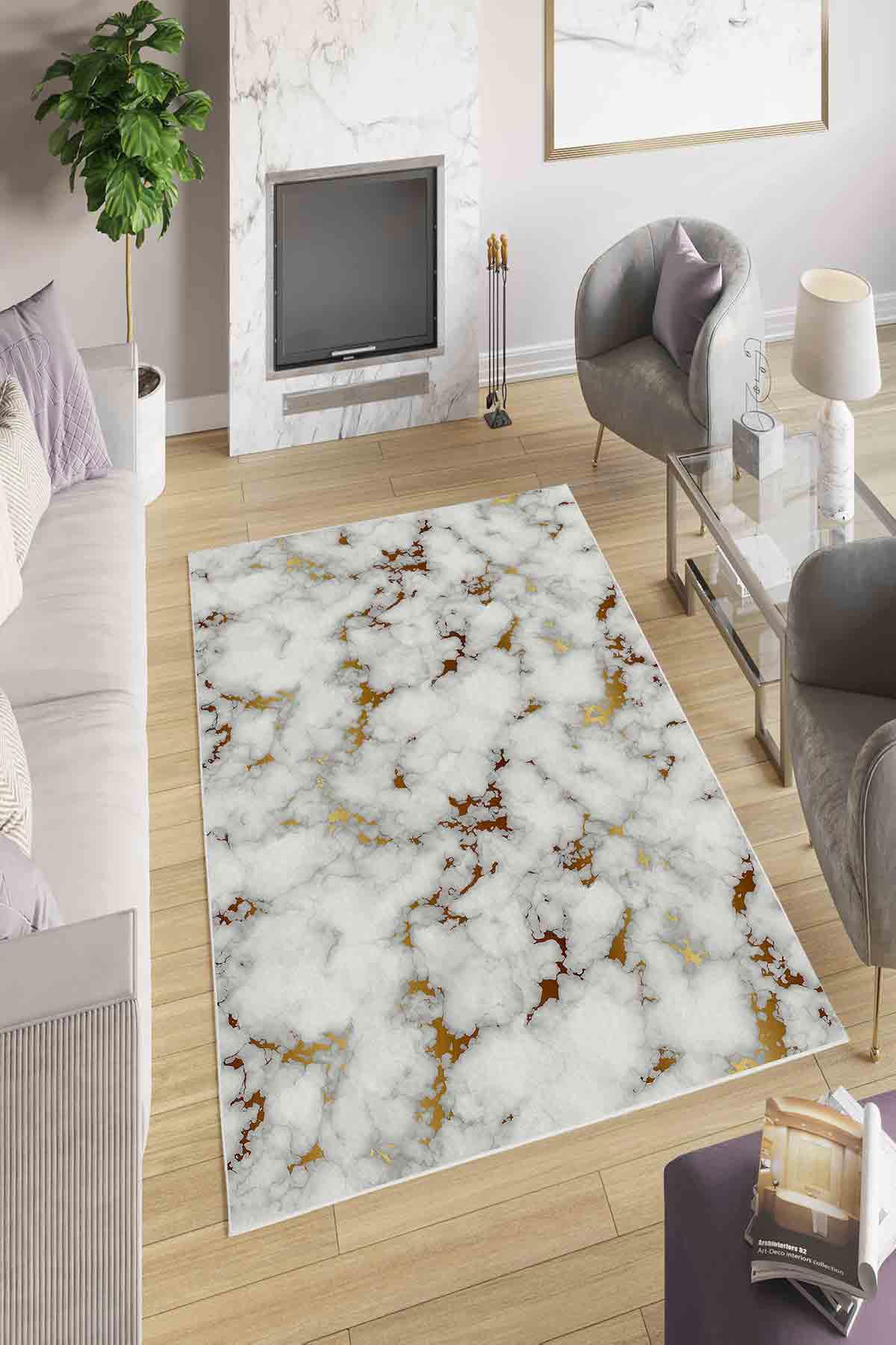 Homefesto Krem 5 mm Polyester Leke Tutmaz Yıkanabilir İnce Kaymaz Taban Mermer Desenli Dikdörtgen Makine Dokuma Salon Halısı 100x300 cm
