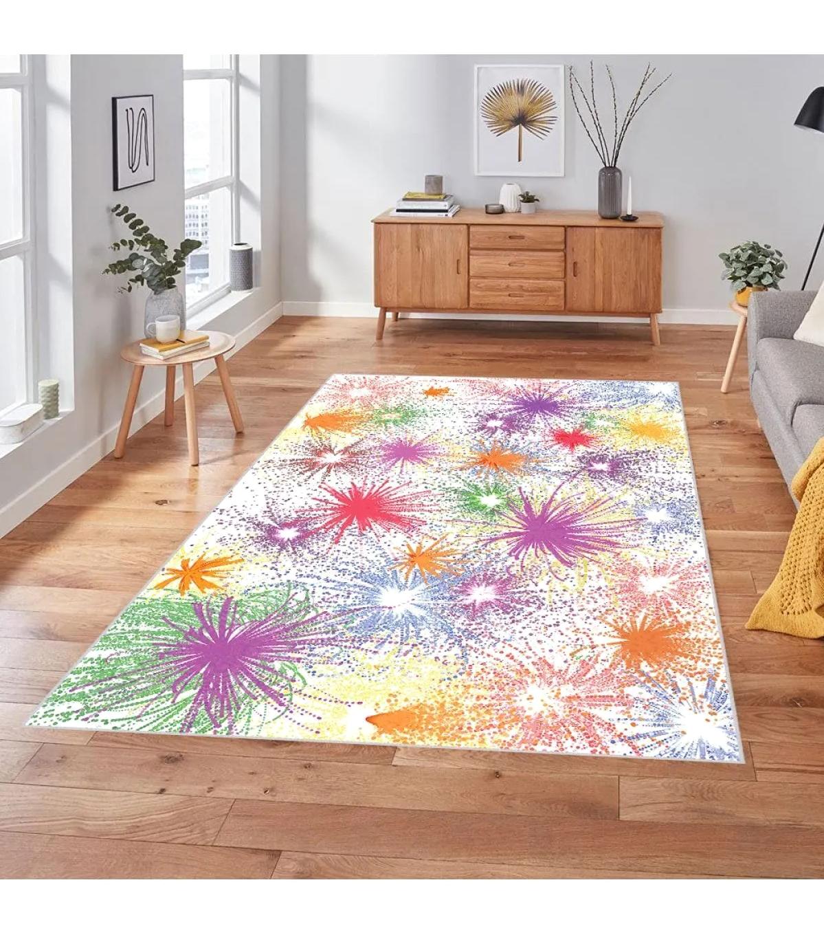 Rovigo Home RVG1838-SD119 Çok Renkli 8 mm Polyester Antibakteriyel-Leke Tutmaz-Toz Tutmaz Yıkanabilir İnce Kaymaz Dot Taban Dikdörtgen Makine Dokuma Salon Halısı 100x150 cm
