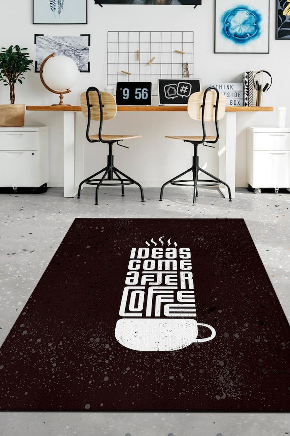 Homshtag Önce Kahve Sonra Fikir Siyah 4 mm Pamuk Antistatik Yıkanabilir İnce Kaymaz Dikdörtgen Makine Dokuma Çalışma Odası Halısı 100x150 cm
