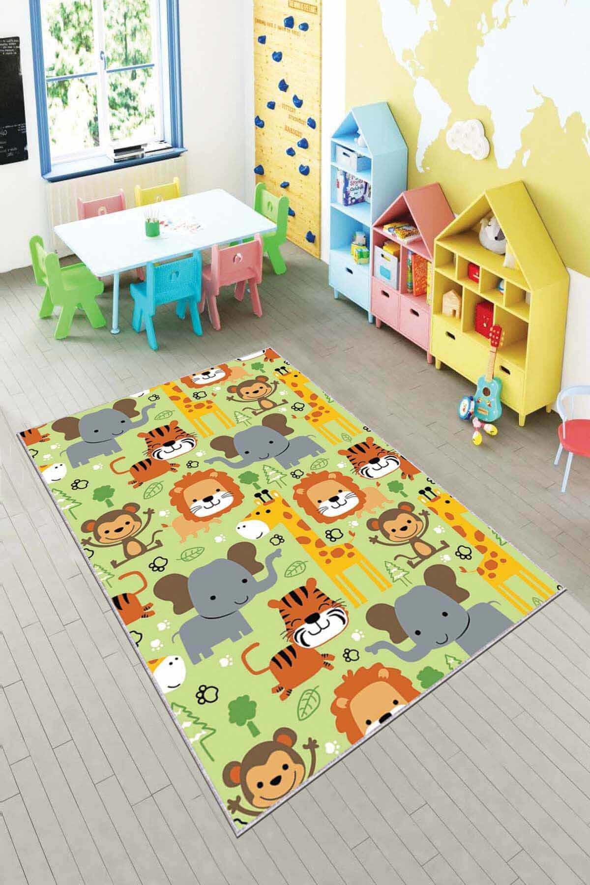 Viva Home AR032 Yeşil 7 mm Mikropolyester Toz Tutmaz Yıkanabilir İnce Kaymaz Taban Hayvan Desenli Dikdörtgen Makine Dokuma Çocuk Odası Halısı 100x200 cm