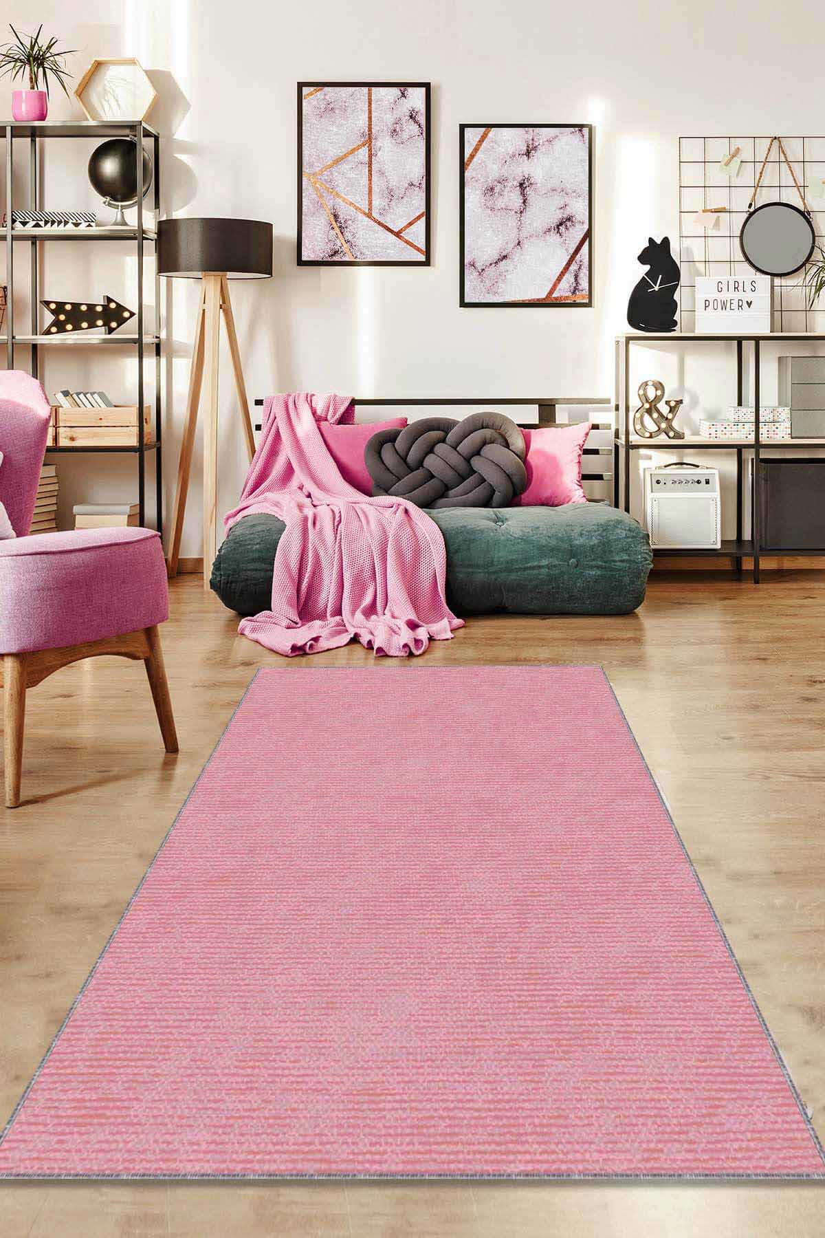 Viva Home RV201 Pembe 7 mm Mikropolyester Leke Tutmaz Yıkanabilir İnce Kaymaz Dot Taban Dikdörtgen Makine Dokuma Salon Halısı 80x500 cm