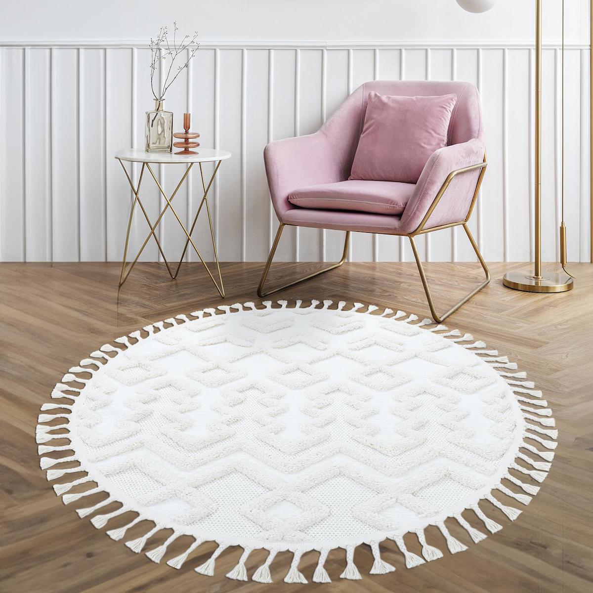 Giza Home Madu 1184T Krem 20 mm Polyester Antibakteriyel Yıkanabilir Kalın Kaymaz Geometrik Yuvarlak Makine Dokuma Çocuk Odası-Oturma Odası Halısı 100x400 cm