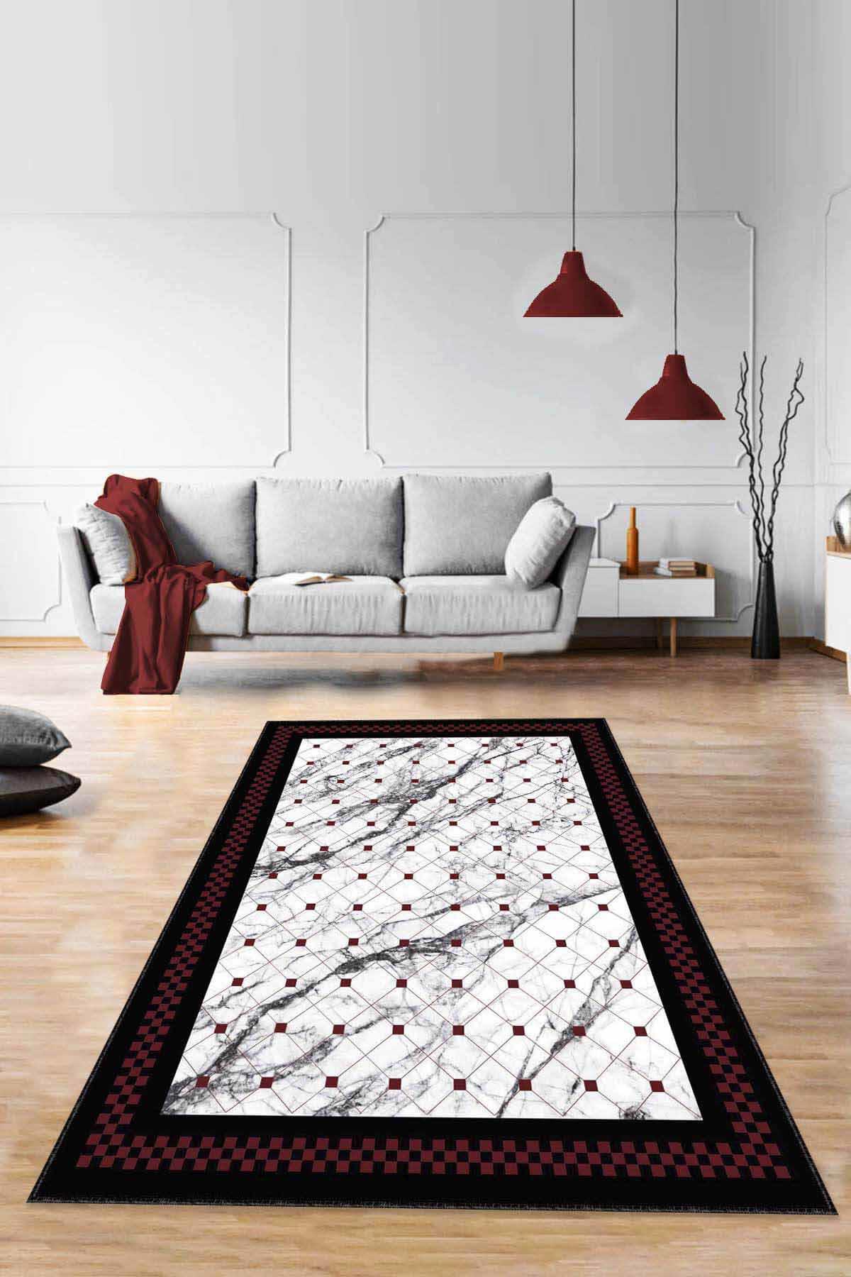 Viva Home RV145 Bordo 7 mm Mikropolyester Leke Tutmaz-Toz Tutmaz Yıkanabilir Orta Kaymaz Dot Taban Dikdörtgen Makine Dokuma Salon Halısı 100x200 cm