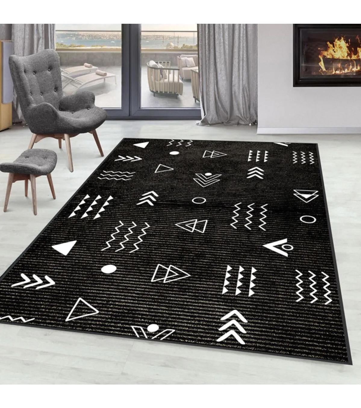 Rovigo Home RVG0108-SD1152 Beyaz - Siyah 8 mm Polyester Antibakteriyel Yıkanabilir Orta Kaymaz Dot Taban Dikdörtgen Makine Dokuma Salon Halısı 100x150 cm