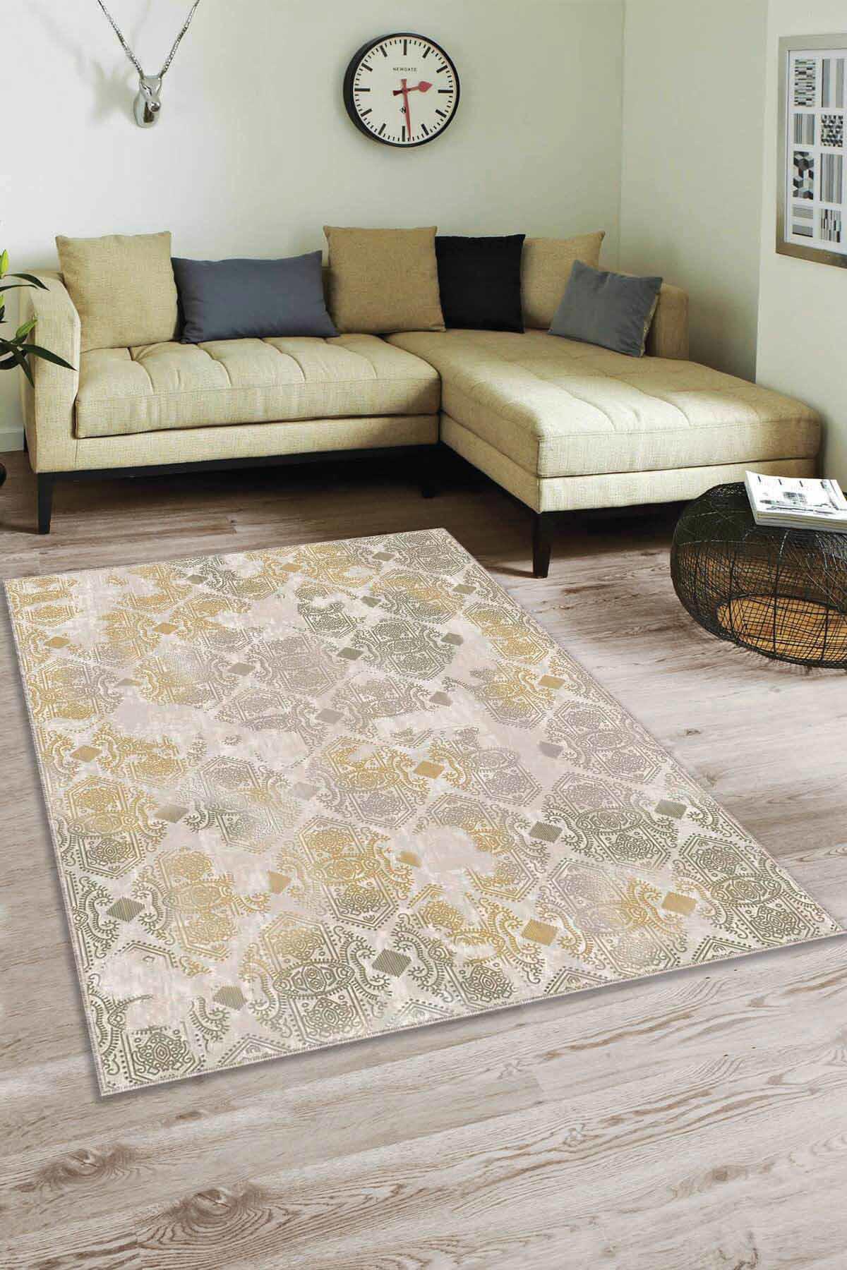 Viva Home AL008 Sarı-Yeşil 7 mm Mikropolyester Yalıtıma Yardımcı Yıkanabilir İnce Kaymaz Taban Dikdörtgen Makine Dokuma Antre-Salon-Yatak Odası Halısı 180x180 cm