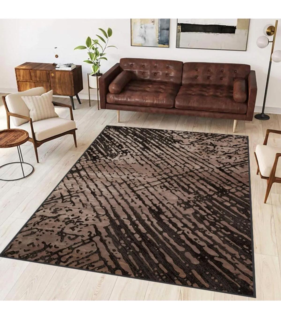 Rovigo Home RVG1702 Kahverengi-Siyah 8 mm Polyester Leke Tutmaz-Toz Tutmaz Yıkanabilir İnce Kaymaz Dot Taban Dikdörtgen Makine Dokuma Salon Halısı 80x300 cm