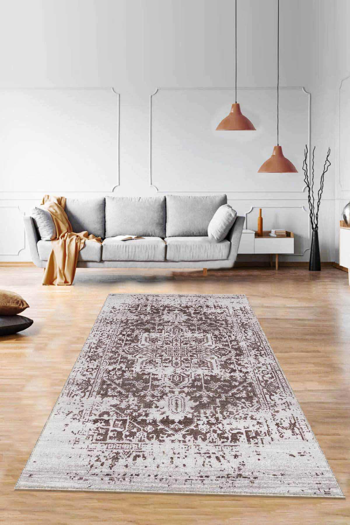 Viva Home RV300 Kahverengi 7 mm Mikropolyester Antibakteriyel Yıkanabilir İnce Kaymaz Taban Dikdörtgen Makine Dokuma Halı 27x67 cm