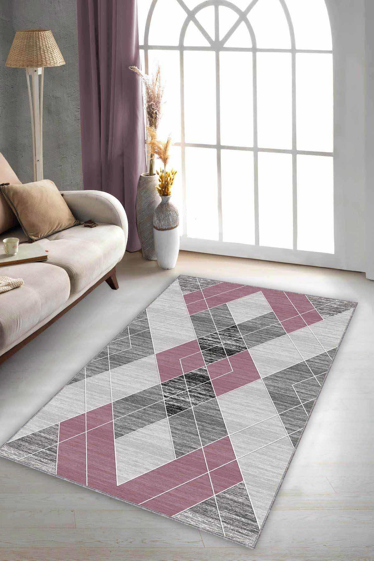 Viva Home DD003 Pembe 7 mm Mikropolyester Antibakteriyel Yıkanabilir İnce Kaymaz Dot Taban Dikdörtgen Makine Dokuma Salon Halısı 180x180 cm