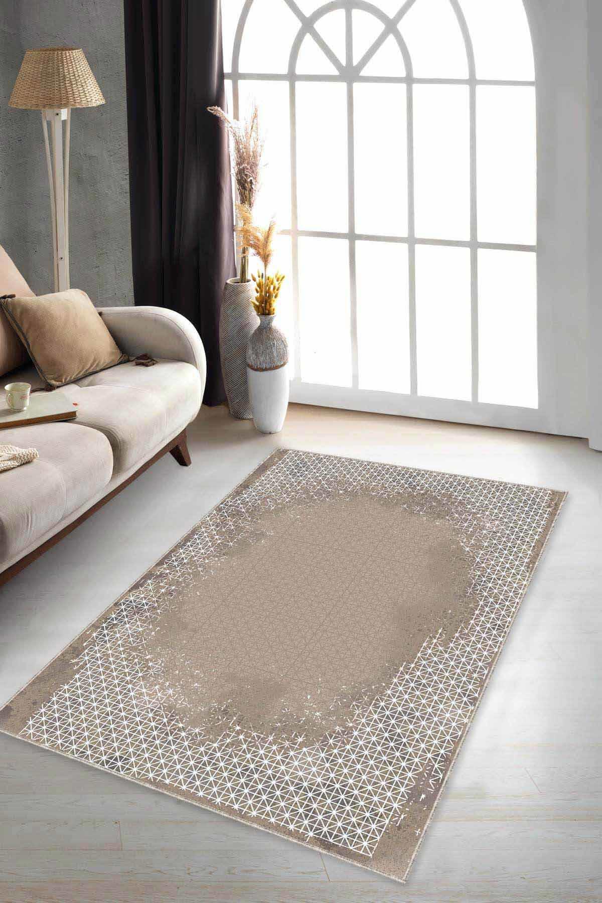 Viva Home AR549 Bej 7 mm Mikropolyester Leke Tutmaz Yıkanabilir İnce Kaymaz Dot Taban Dikdörtgen Makine Dokuma Salon Halısı 80x300 cm