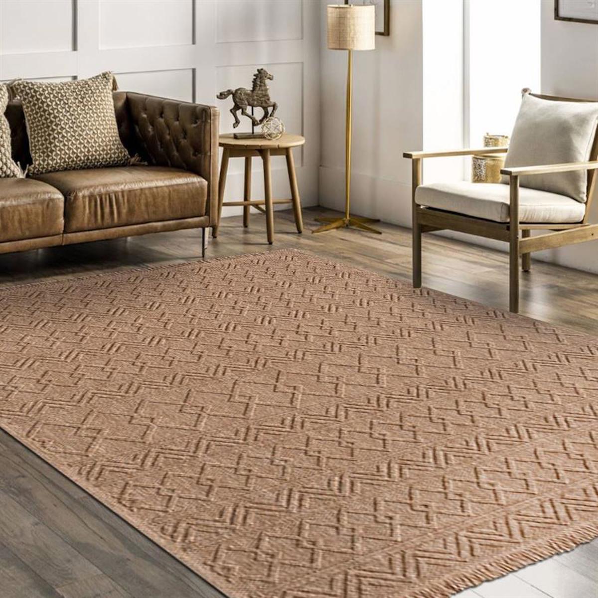 Kreasyon Halı Bravvo BR004 Bej 4 mm Polipropilen Yıkanabilir İnce Kaymaz Pamuk Taban Dikdörtgen Makine Dokuma Salon Halısı 160x300 cm