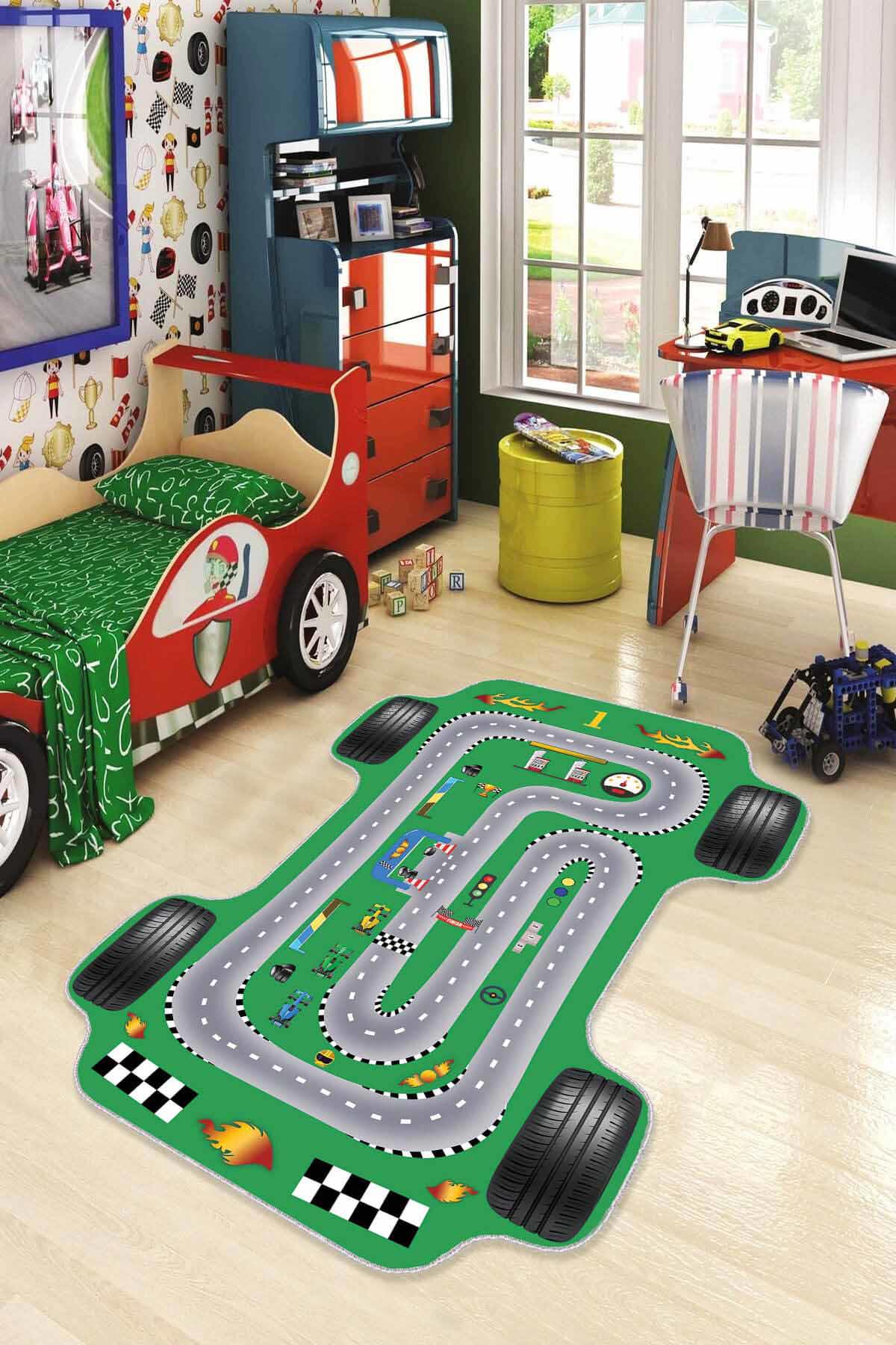 Viva Home AR1108 Yeşil 7 mm Mikropolyester Toz Tutmaz Yıkanabilir İnce Kaymaz Taban Geometrik Dikdörtgen Makine Dokuma Çocuk Odası Halısı 80x140 cm