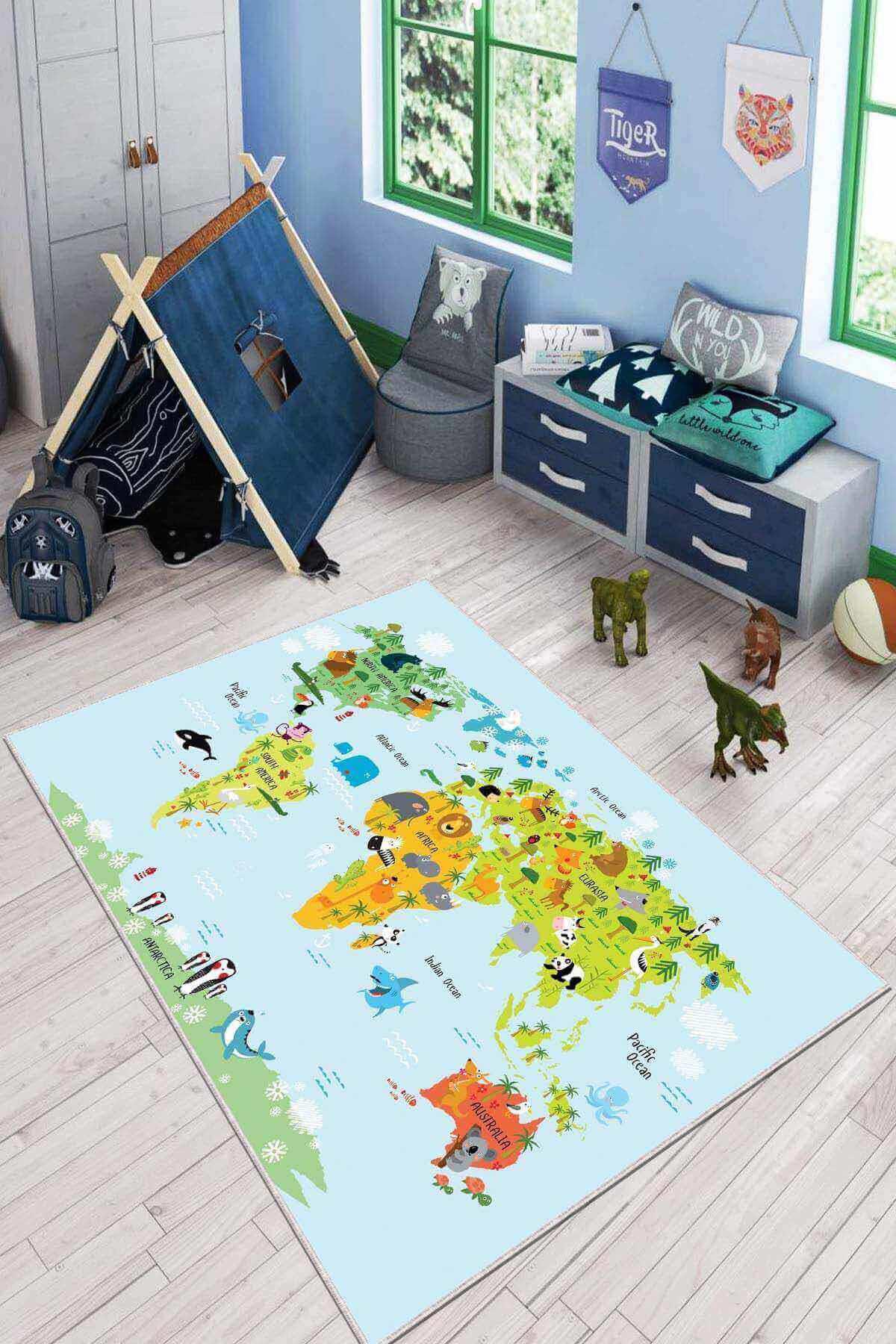 Viva Home KD081 Mavi 7 mm Mikropolyester Leke tutmaz Yıkanabilir İnce Kaymaz Dot Taban Dikdörtgen Makine Dokuma Çocuk Odası Halısı 80x150 cm
