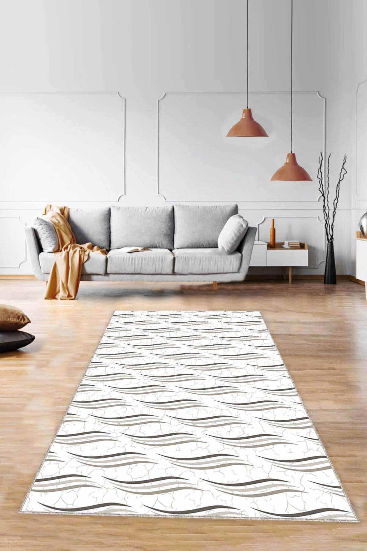 Viva Home RUZ07 Bej 7 mm Mikropolyester Leke Tutmaz Yıkanabilir İnce Kaymaz Dot Taban Dikdörtgen Makine Dokuma Salon Halısı 120x180 cm