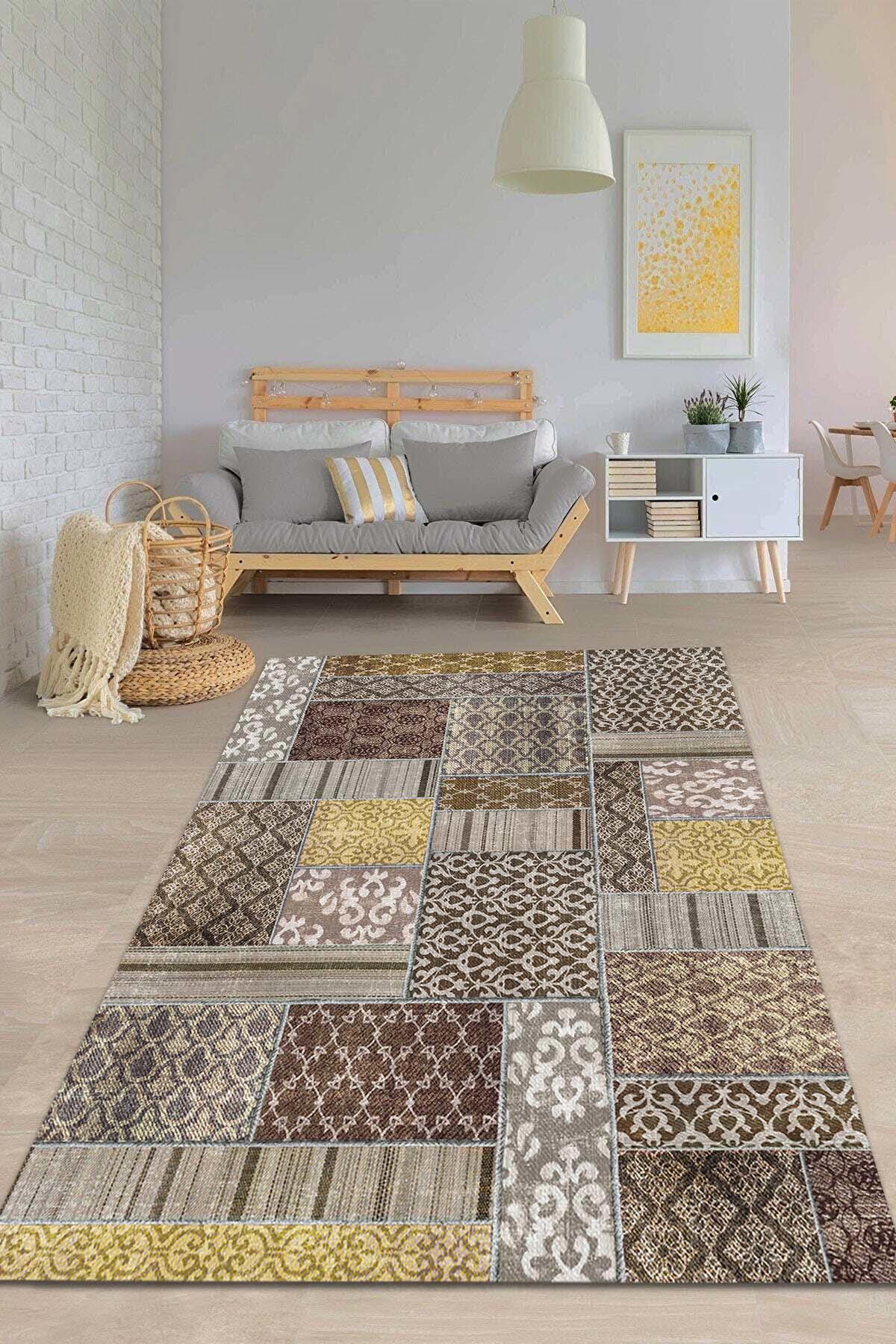 Latte Dizayn Damaris Krem 0.5 mm Pamuk Antibakteriyel Yıkanabilir Orta Kaymaz Dikdörtgen Makine Dokuma Salon Halısı 160x230 cm