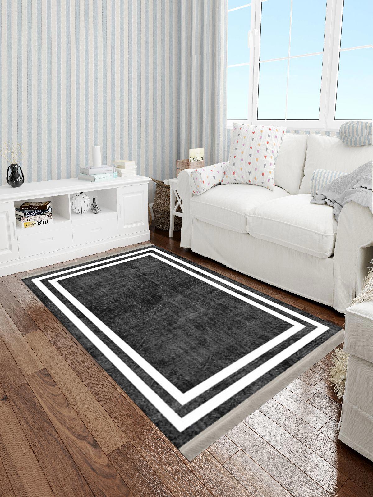 Enbe Collection E-MD0070B Beyaz - Siyah 5 mm Pamuk Antibakteriyel Yıkanabilir Orta Kaymaz Dot Taban Dikdörtgen Makine Dokuma Oturma Odası Halısı 140x200 cm