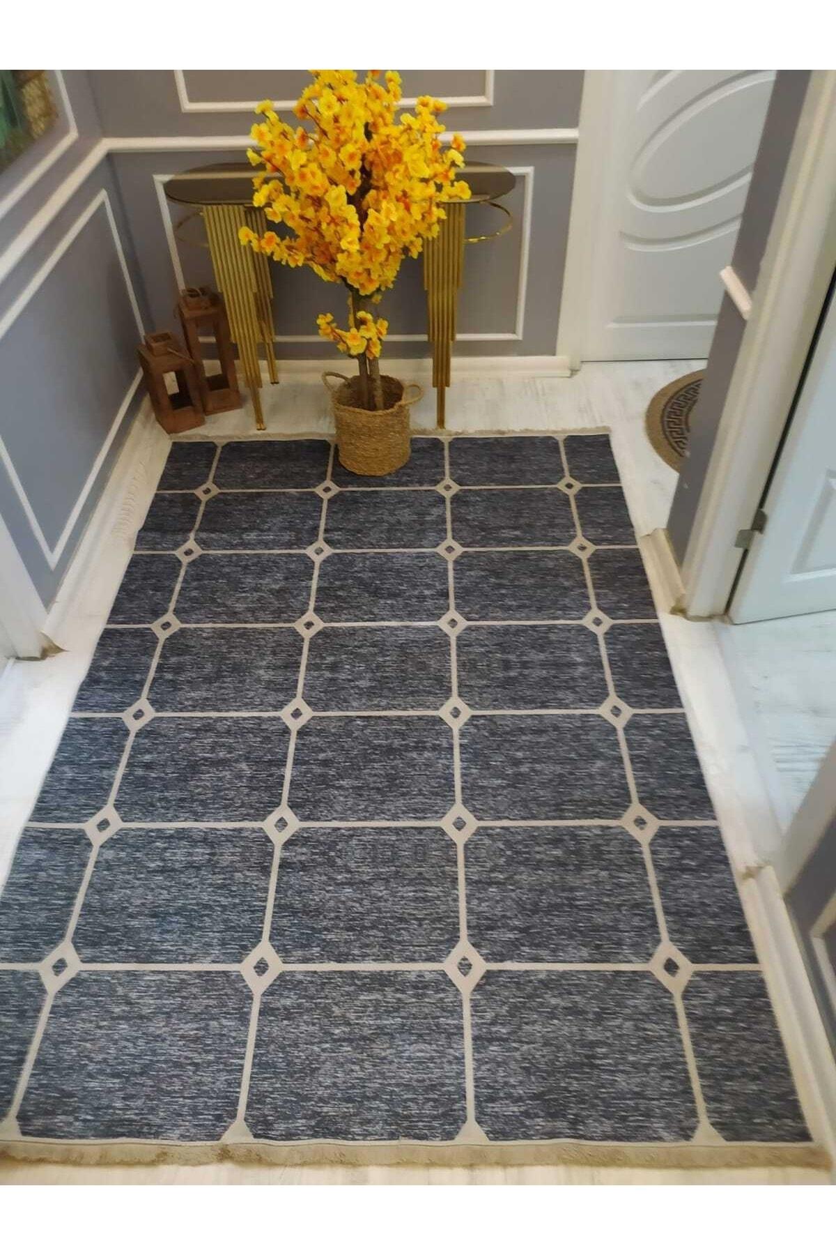 Doruklar Home Collection DRK8043 Altın-Gri 0.7 mm Polyester Silinebilir Yıkanabilir İnce Kaymaz Dot Taban Dikdörtgen Makine Dokuma Salon Halısı 80x300 cm