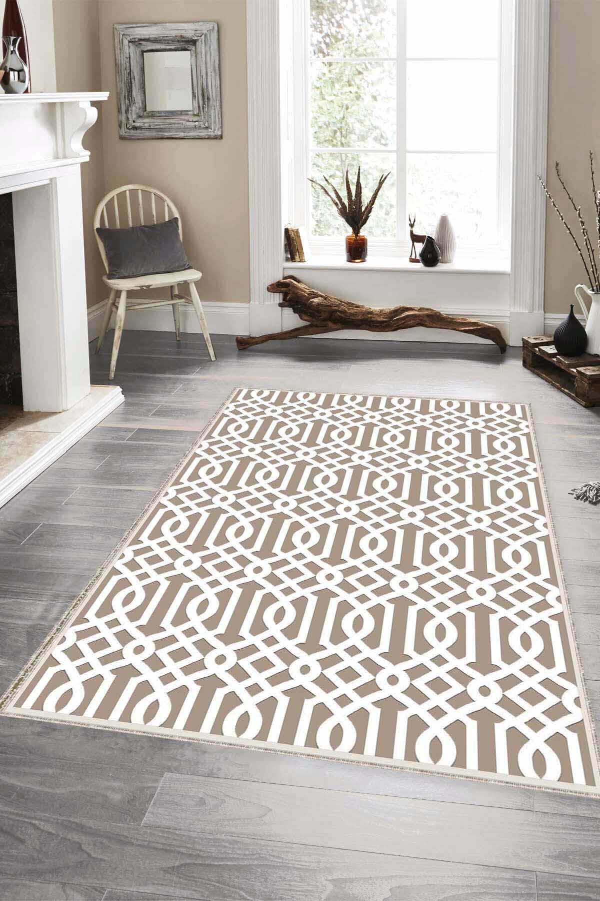 Viva Home LB001 Bej 7 mm Mikropolyester Leke Tutmaz Yıkanabilir İnce Kaymaz Dot Taban Dikdörtgen Makine Dokuma Salon Halısı 160x300 cm