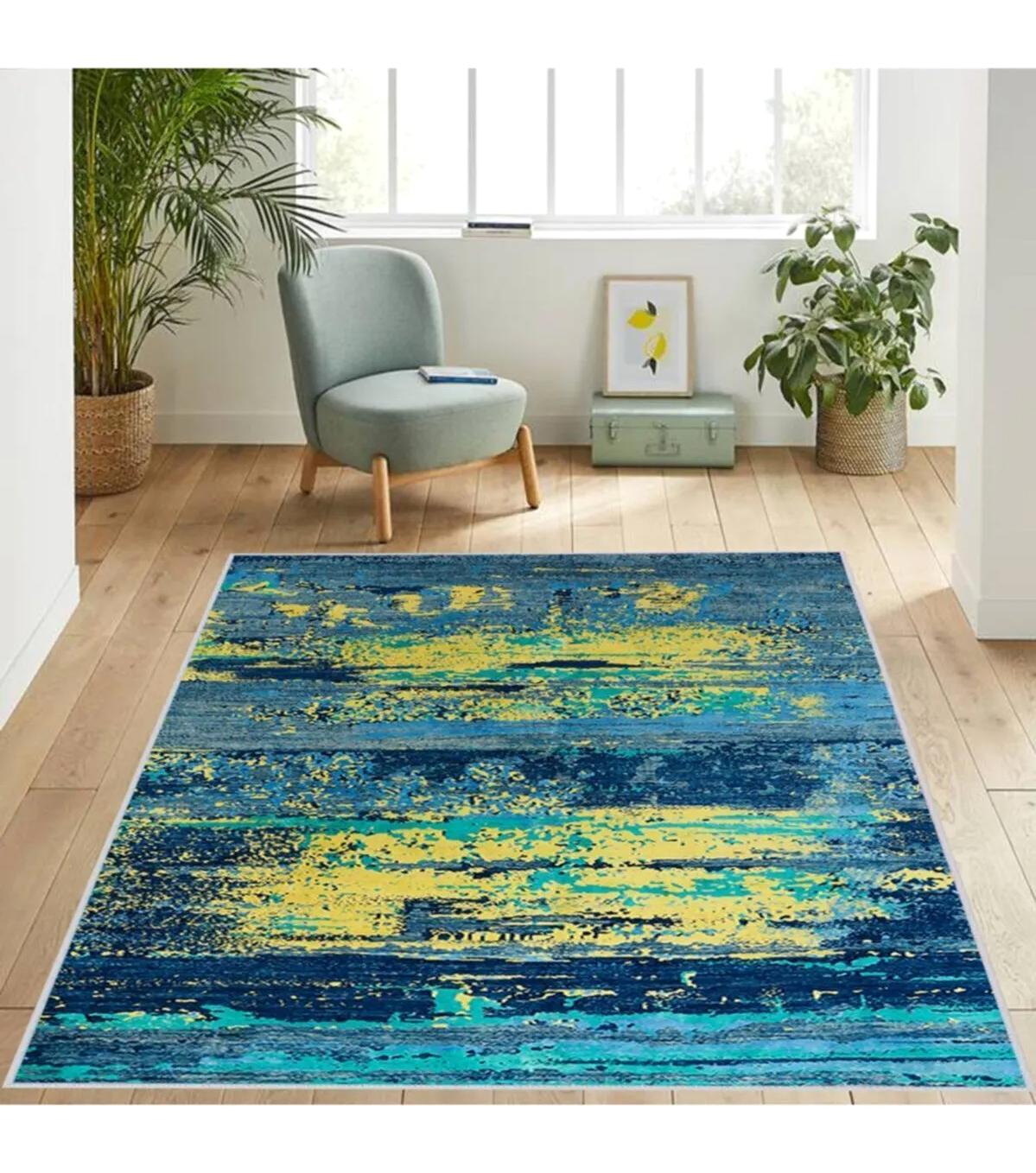 Rovigo Home RVG1078 Çok Renkli 8 mm Polyester Leke Tutmaz-Toz Tutmaz Yıkanabilir İnce Kaymaz Dot Taban Dikdörtgen Makine Dokuma Salon Halısı 140x200 cm