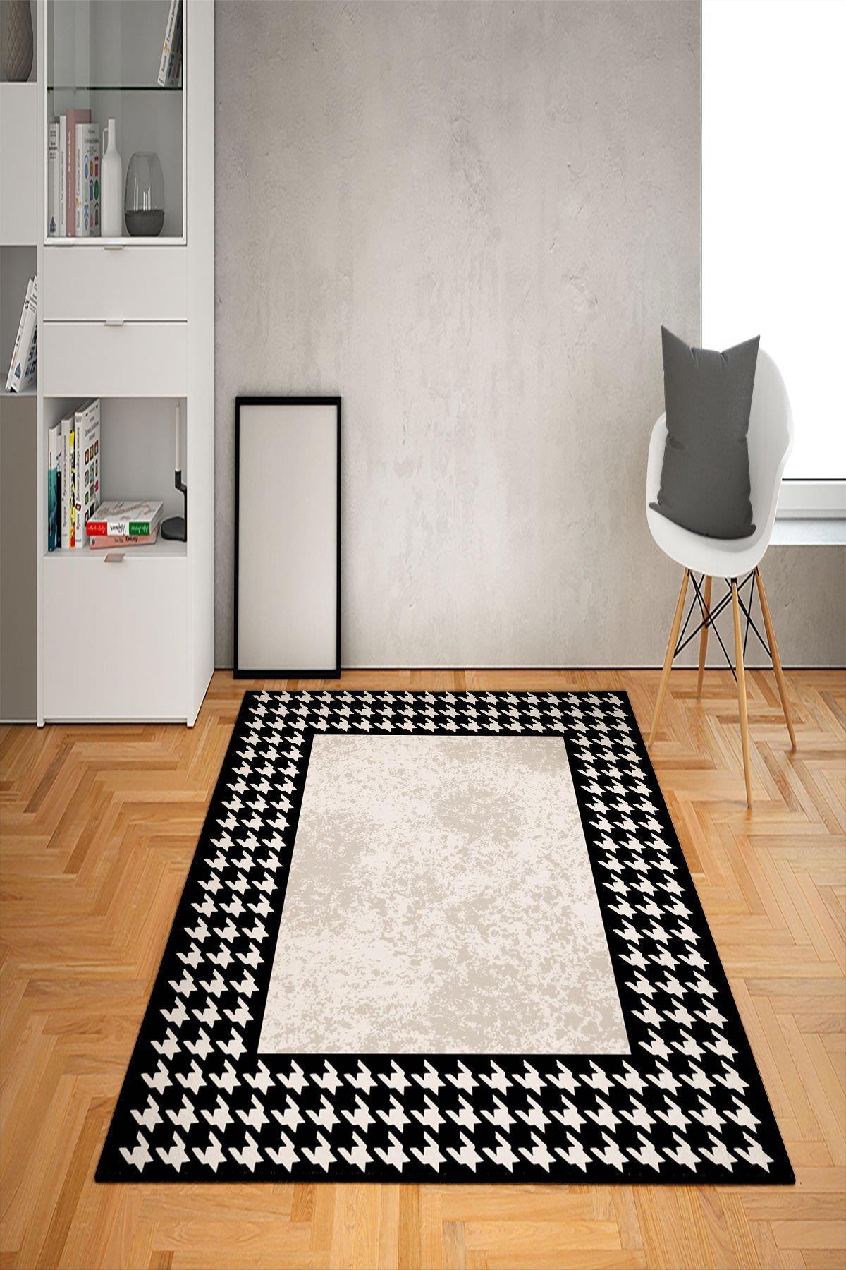 Doruklar Home Collection Beyaz - Siyah 0.7 mm Antibakteriyel Yıkanabilir Kalın Kaymaz Taban Geometrik Dikdörtgen Makine Dokuma Salon Halısı 160x230 cm