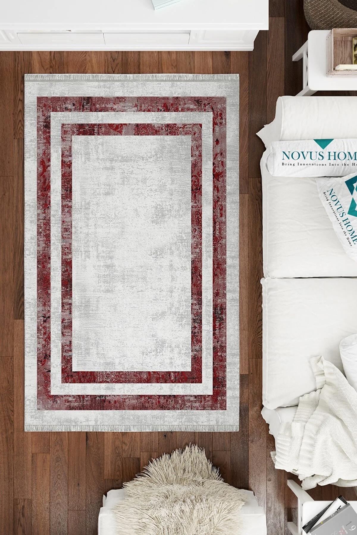 Novus Home Cotton Serisi Bej - Kırmızı 5 mm Pamuk Antibakteriyel-Toz Tutmaz-Yalıtıma Yardımcı Yıkanabilir İnce Kaymaz Taban Dikdörtgen Makine Dokuma Antre-Salon-Yatak Odası Halısı 80x200 cm