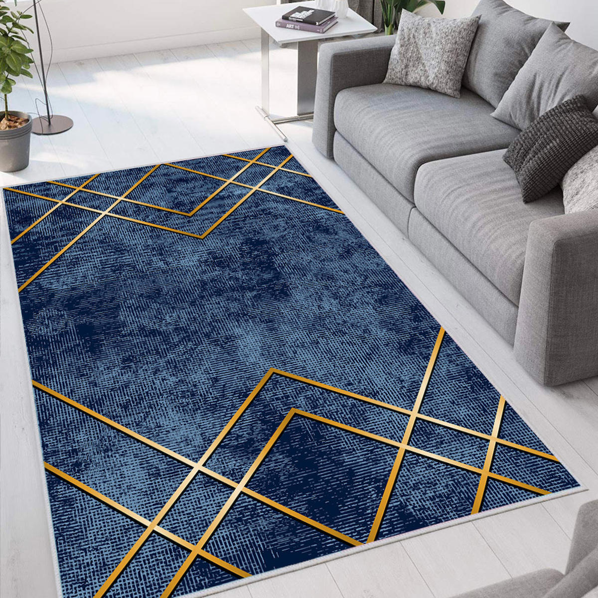 Rovigo Home RVG1665 Altın-Mavi 8 mm Polyester Leke Tutmaz-Toz Tutmaz Yıkanabilir İnce Kaymaz Dot Taban Dikdörtgen Makine Dokuma Salon Halısı 100x150 cm