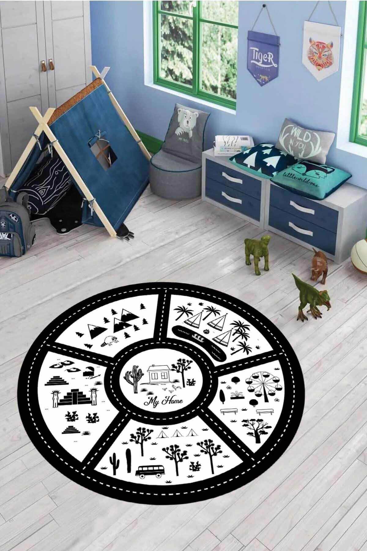 Viva Home KD090 Gri 7 mm Mikropolyester Toz Tutmaz Yıkanabilir İnce Kaymaz Dot Taban Yuvarlak Makine Dokuma Çocuk Odası Halısı 160x230 cm