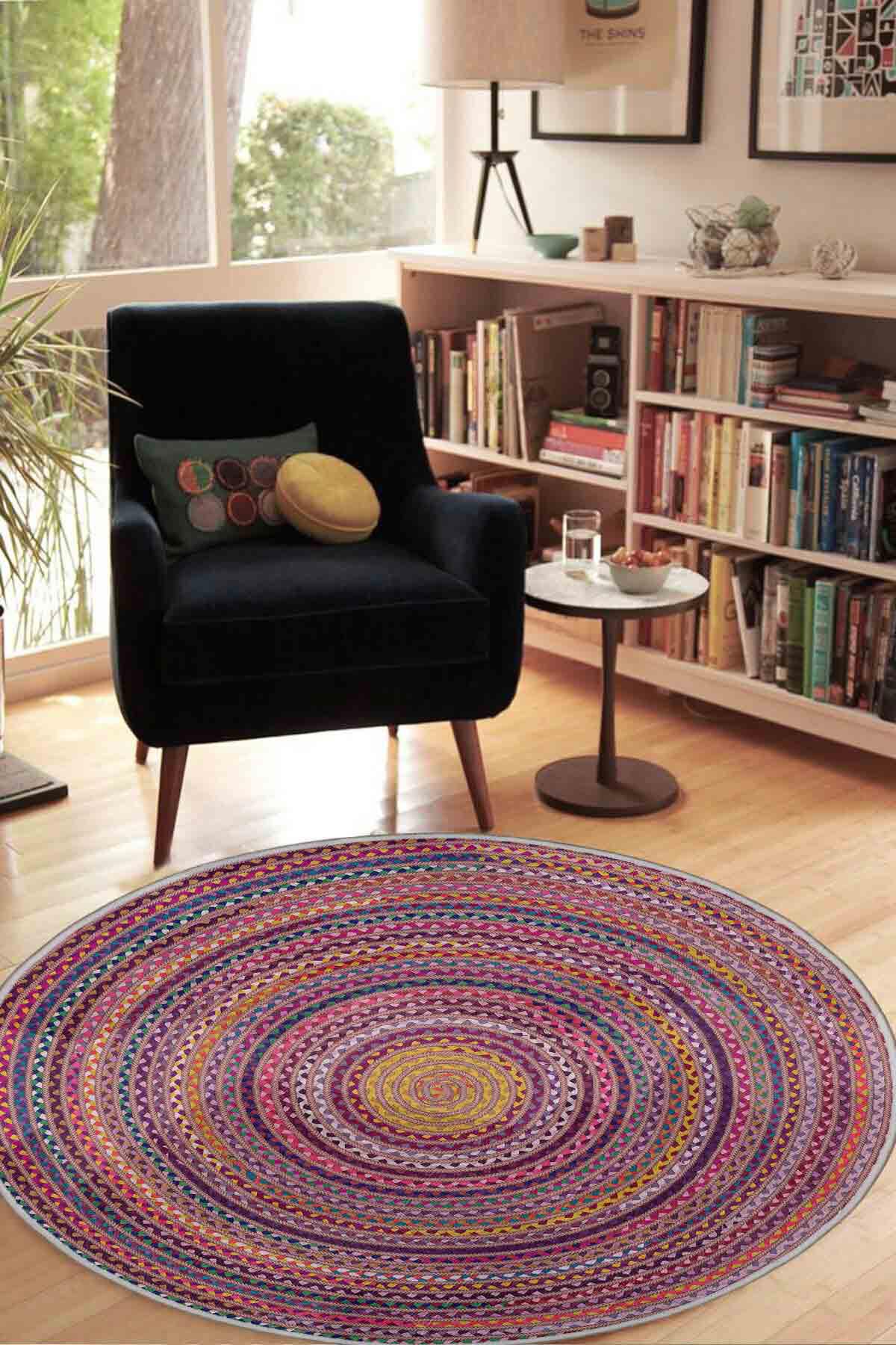 Homefesto Krem 5 mm Polyester Leke Tutmaz Yıkanabilir İnce Kaymaz Taban Yuvarlak Makine Dokuma Salon Halısı 150x233 cm
