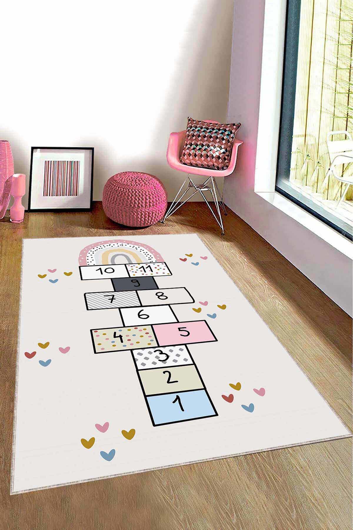 Viva Home AR825 Krem 7 mm Mikropolyester Leke Tutmaz Yıkanabilir Orta Kaymaz Dot Taban Dikdörtgen Makine Dokuma Çocuk Odası Halısı 80x300 cm