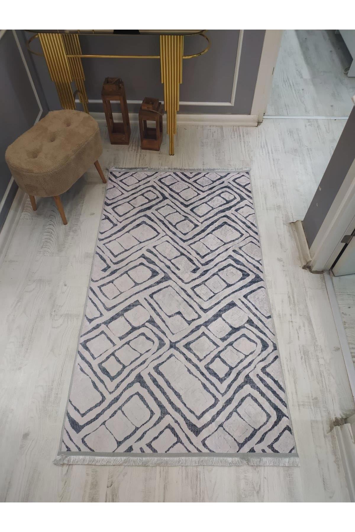 Doruklar Home Collection Gri-Krem 0.7 mm Polyester Yıkanabilir Kaymaz Taban Geometrik Dikdörtgen Makine Dokuma Halı 80x150 cm