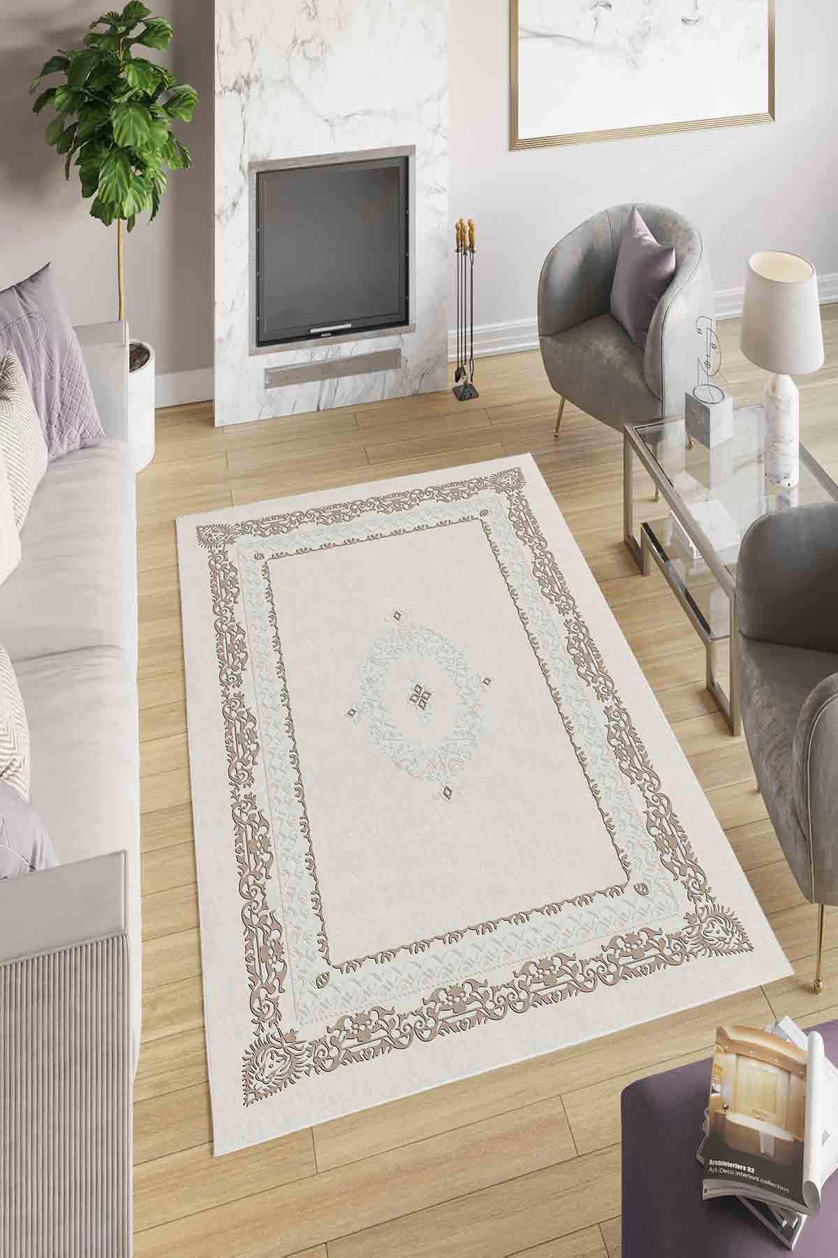 Homefesto Krem 5 mm Polyester Leke Tutmaz Yıkanabilir İnce Kaymaz Taban Dikdörtgen Makine Dokuma Salon Halısı 80x200 cm