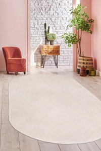 Dijidekor Lux Krem 7 mm Polyester Antibakteriyel Yıkanabilir Orta Kaymaz Dot Taban Oval Makine Dokuma Salon Halısı 120x180 cm