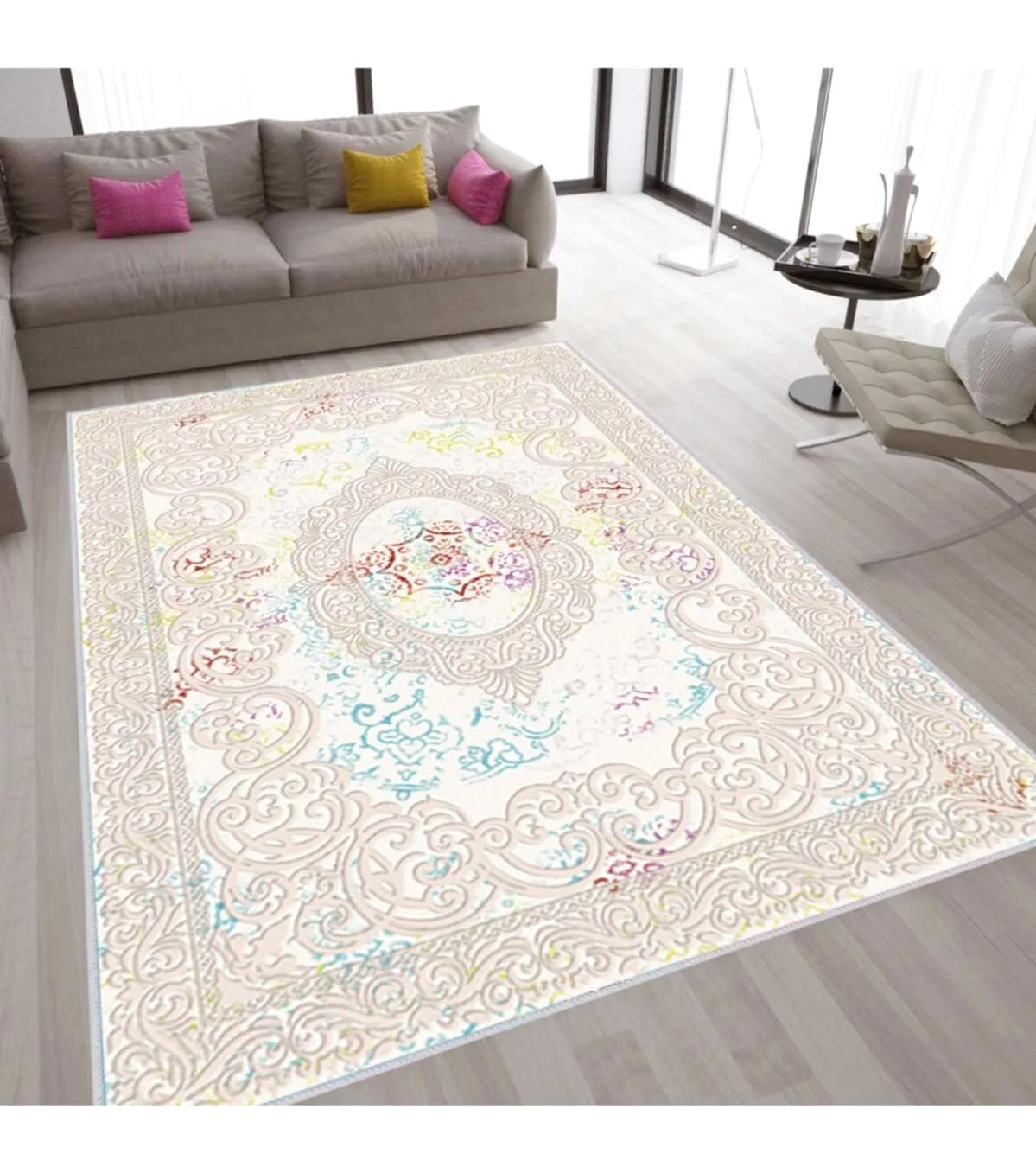 Rovigo Home RVG1555-HY1057 Krem 8 mm Polyester Antibakteriyel-Leke Tutmaz-Toz Tutmaz Yıkanabilir İnce Kaymaz Dot Taban Dikdörtgen Makine Dokuma Salon Halısı 100x100 cm