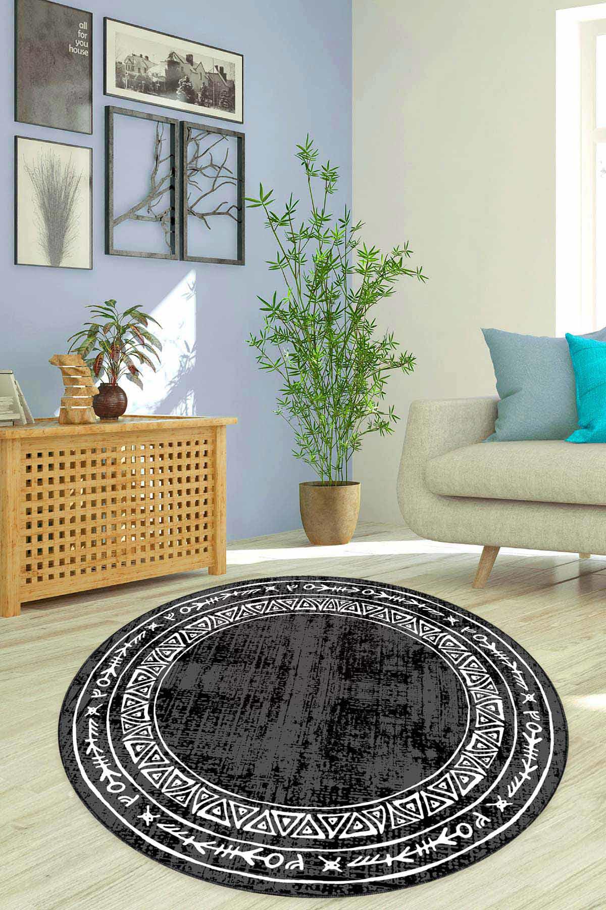 Viva Home AR1335 Siyah 7 mm Mikropolyester Antibakteriyel Yıkanabilir Kalın Kaymaz Lateks Taban Yuvarlak Makine Dokuma Salon Halısı 100x200 cm