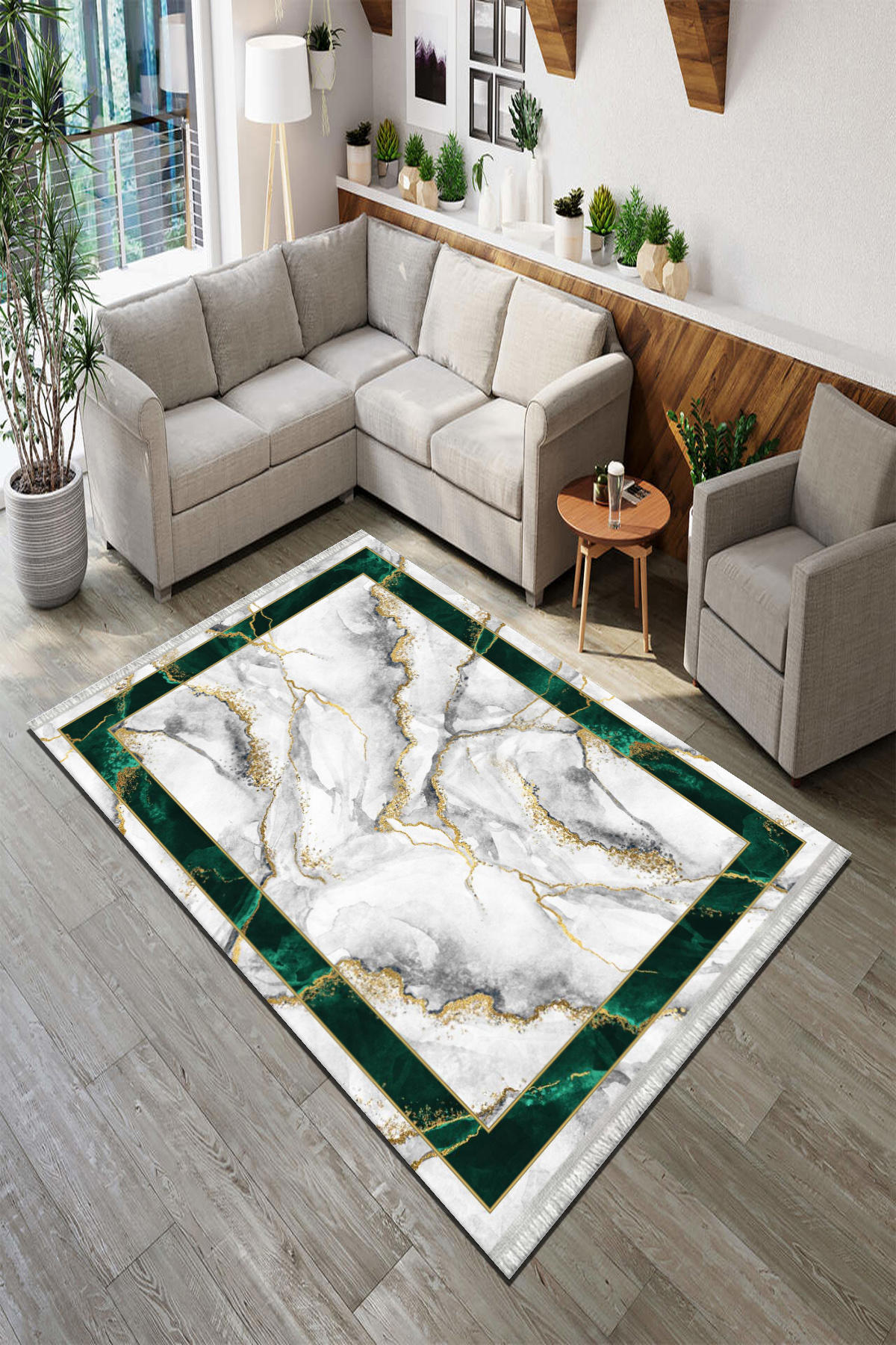 Roslyn Home Yeşil 6 mm Polyester Antibakteriyel Yıkanabilir İnce Kaymaz Dot Taban Dikdörtgen Makine Dokuma Salon Halısı