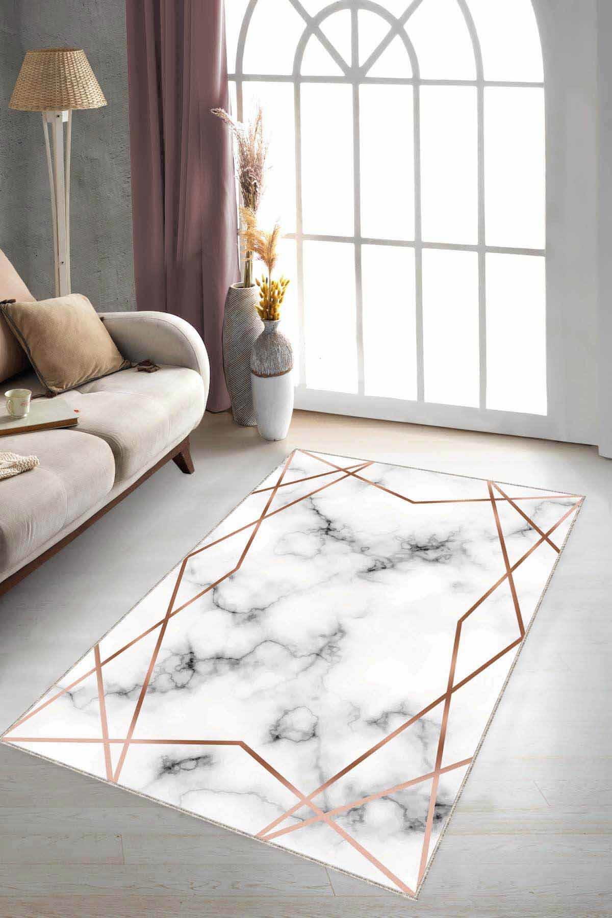 Viva Home RV013 Bakır 7 mm Mikropolyester Yıkanabilir İnce Kaymaz Jüt Taban Dikdörtgen Makine Dokuma Salon Halısı 160x230 cm