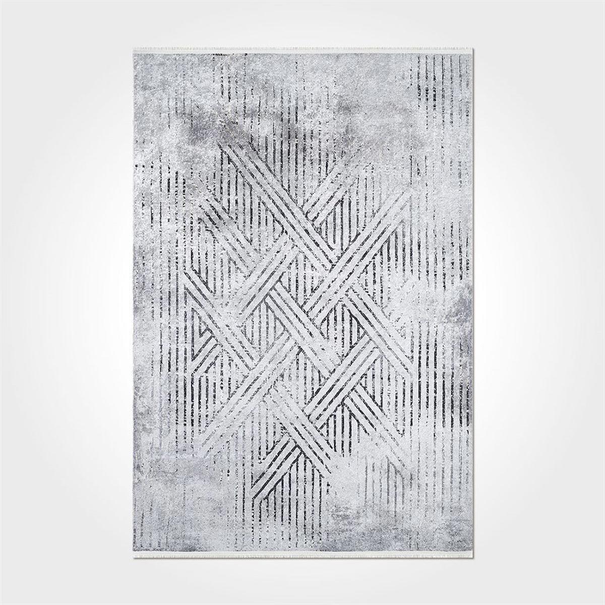 Crea Halı 2464PC Gri Pamuk-Polyester Yıkanabilir İnce Kaymaz Pamuk Taban Dikdörtgen Makine Dokuma Salon Halısı 160x235 cm