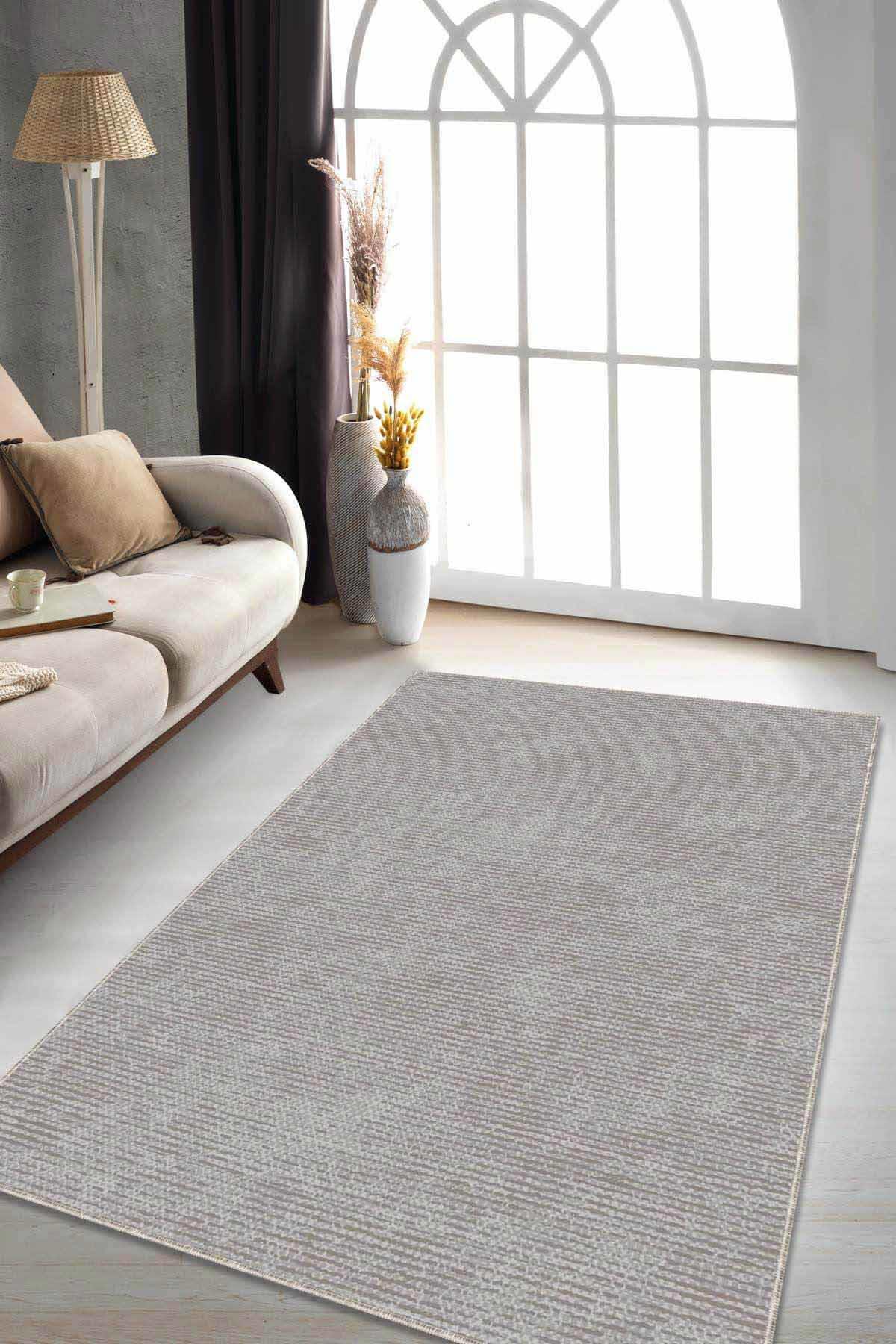 Viva Home RV200 Gri 7 mm Mikropolyester Toz Tutmaz Yıkanabilir İnce Kaymaz Dot Taban Dikdörtgen Makine Dokuma Salon Halısı 70x110 cm
