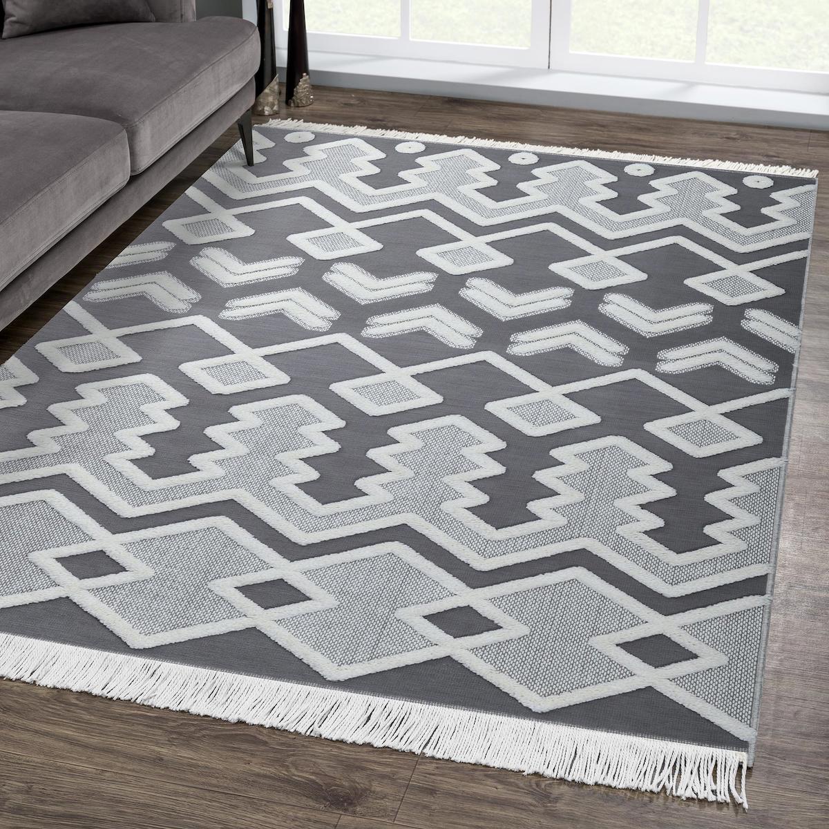 Giza Home Madu 1184 Gri 20 mm Polyester Antibakteriyel Yıkanabilir Kalın Kaymaz Geometrik Dikdörtgen Makine Dokuma Oturma Odası-Salon Halısı 140x140 cm